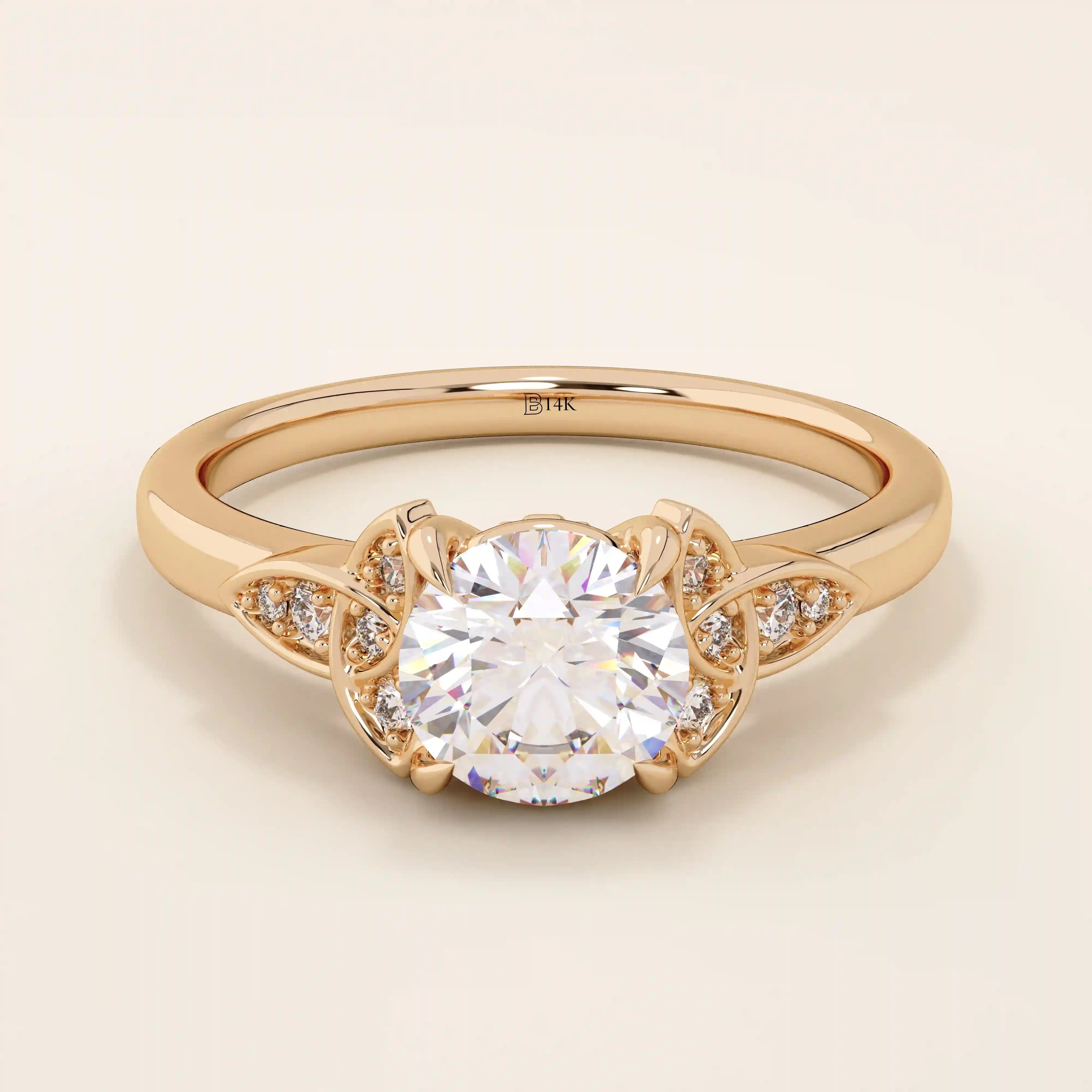 14k solid gold solitaire engagement ring featuring intricate Celtic knot detailing and subtle accent moissanites. Unique and timeless design for modern brides.