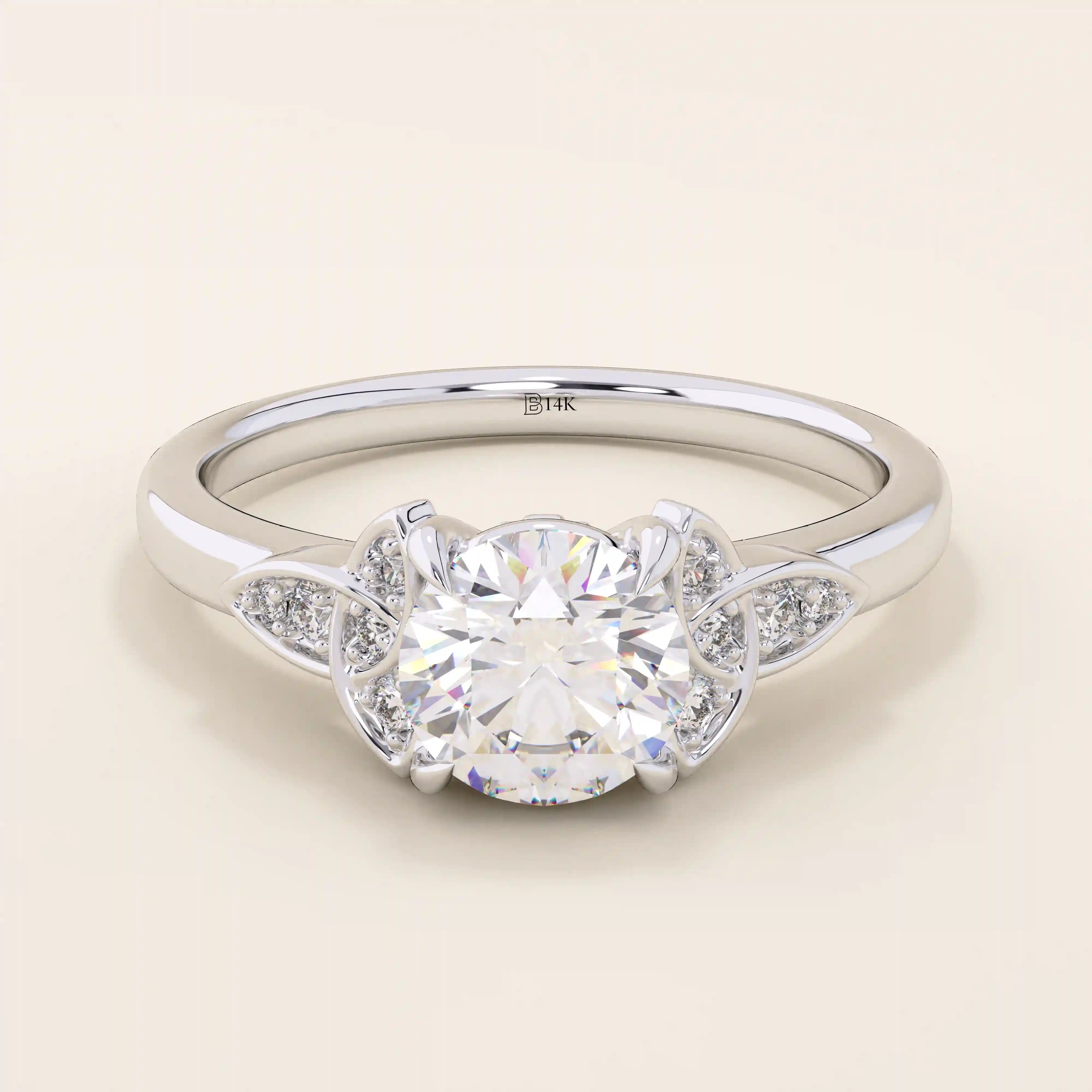 14k solid gold solitaire engagement ring featuring intricate Celtic knot detailing and subtle accent moissanites. Unique and timeless design for modern brides.