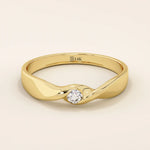 14k solid gold twist design promise ring with a solo bezel-set moissanite. Elegant and modern minimalist ring perfect for daily wear.