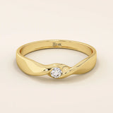 14k solid gold twist design promise ring with a solo bezel-set moissanite. Elegant and modern minimalist ring perfect for daily wear.