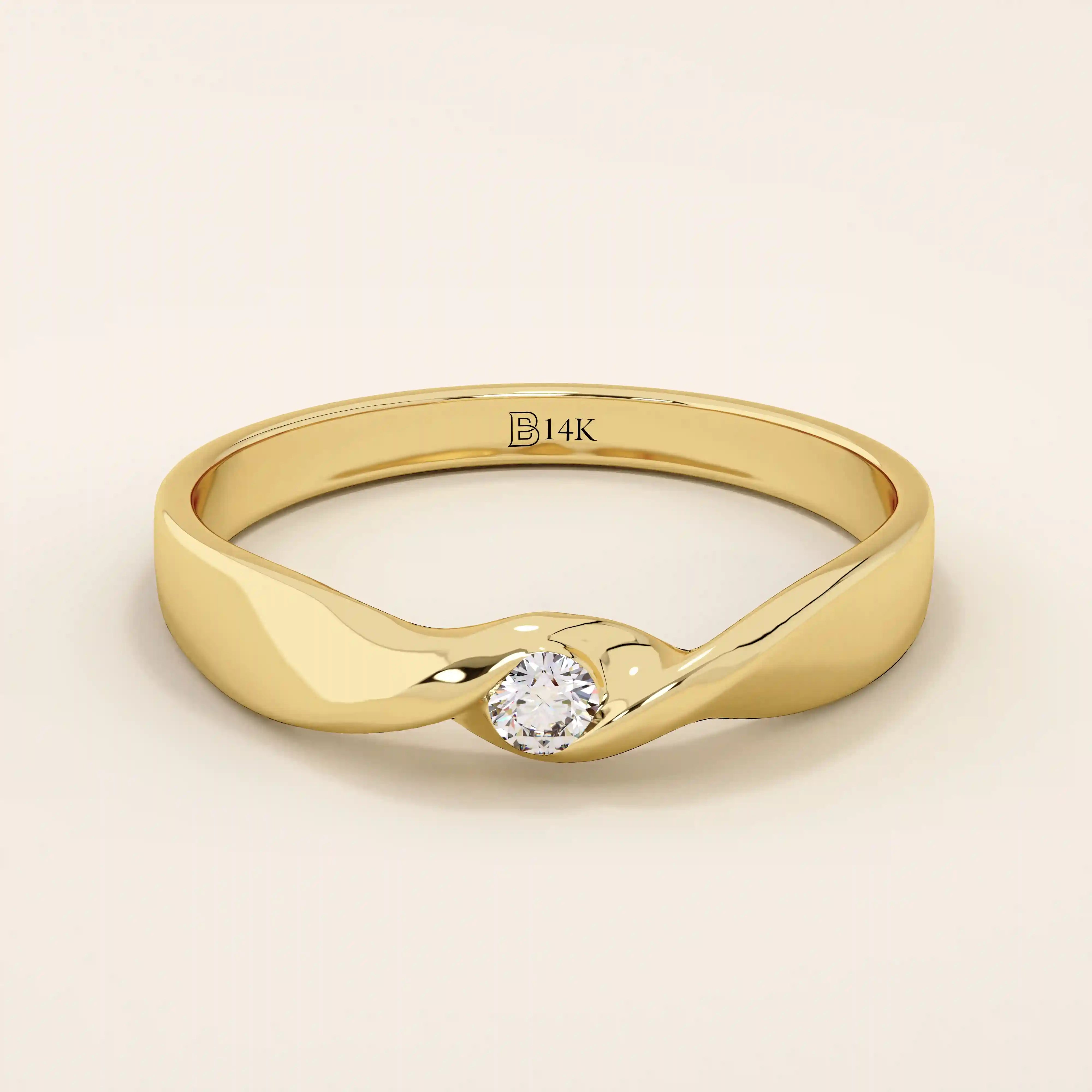 14k solid gold twist design promise ring with a solo bezel-set moissanite. Elegant and modern minimalist ring perfect for daily wear.