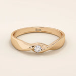 14k solid gold twist design promise ring with a solo bezel-set moissanite. Elegant and modern minimalist ring perfect for daily wear.