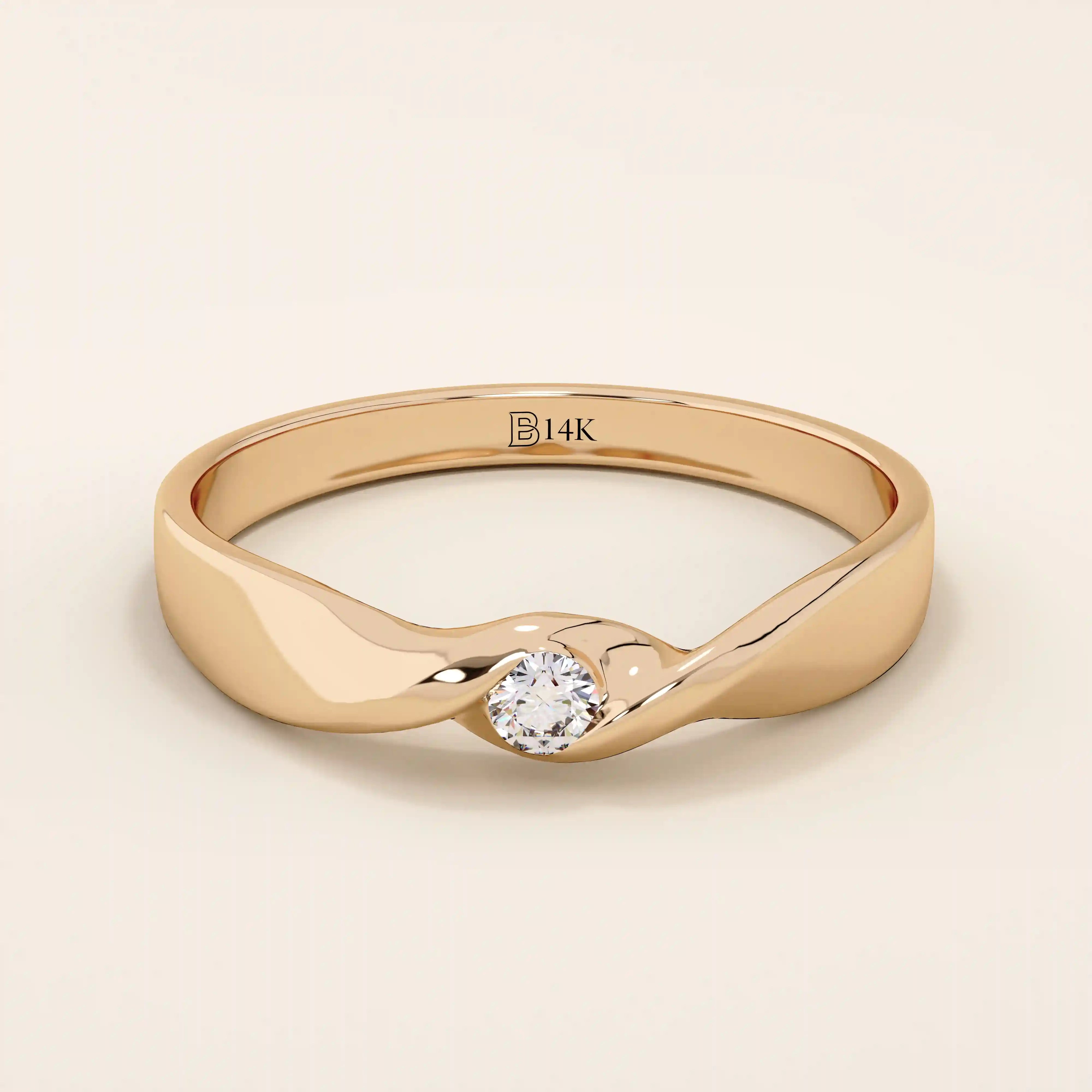 14k solid gold twist design promise ring with a solo bezel-set moissanite. Elegant and modern minimalist ring perfect for daily wear.