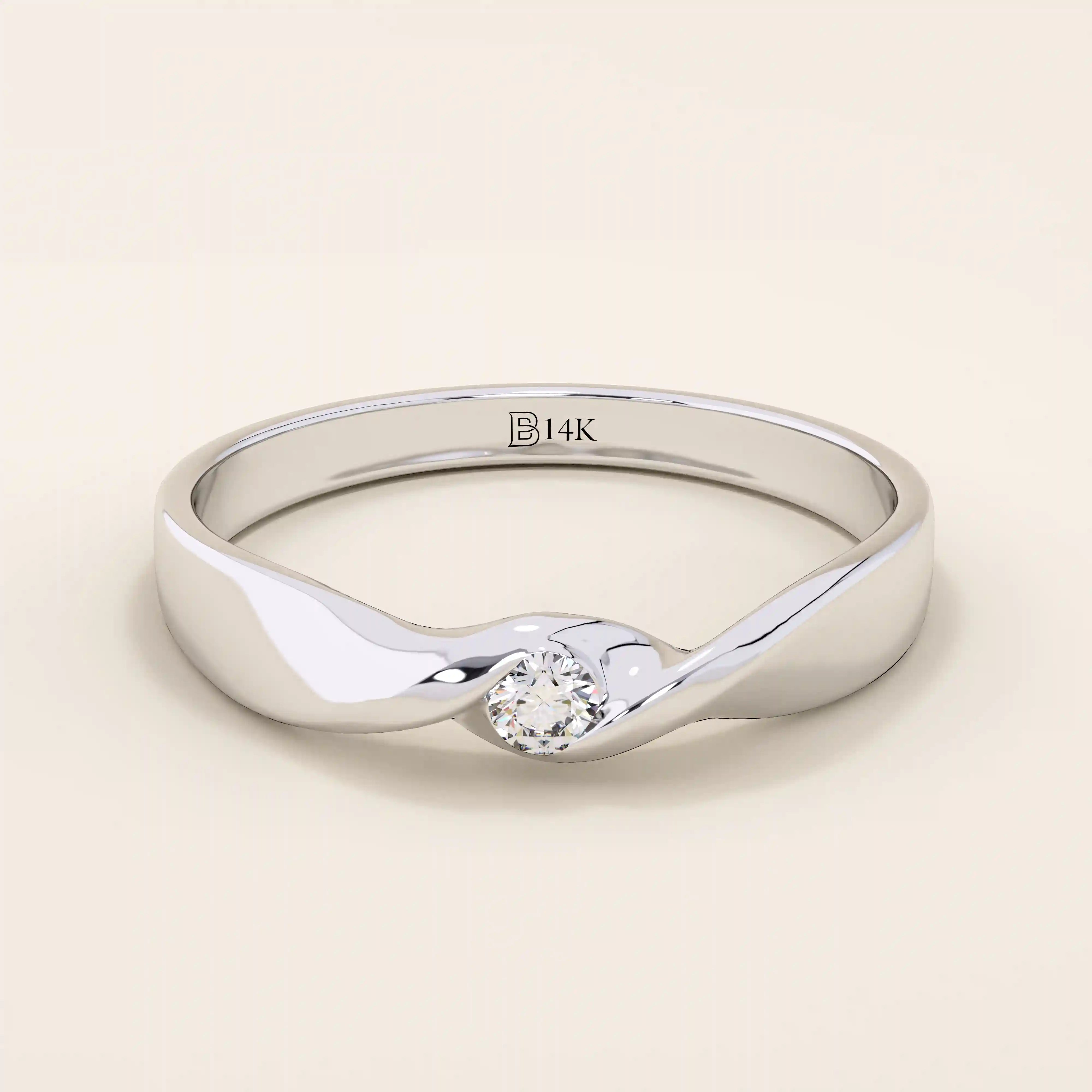 14k solid gold twist design promise ring with a solo bezel-set moissanite. Elegant and modern minimalist ring perfect for daily wear.