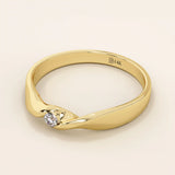 14k solid gold twist design promise ring with a solo bezel-set moissanite. Elegant and modern minimalist ring perfect for daily wear.