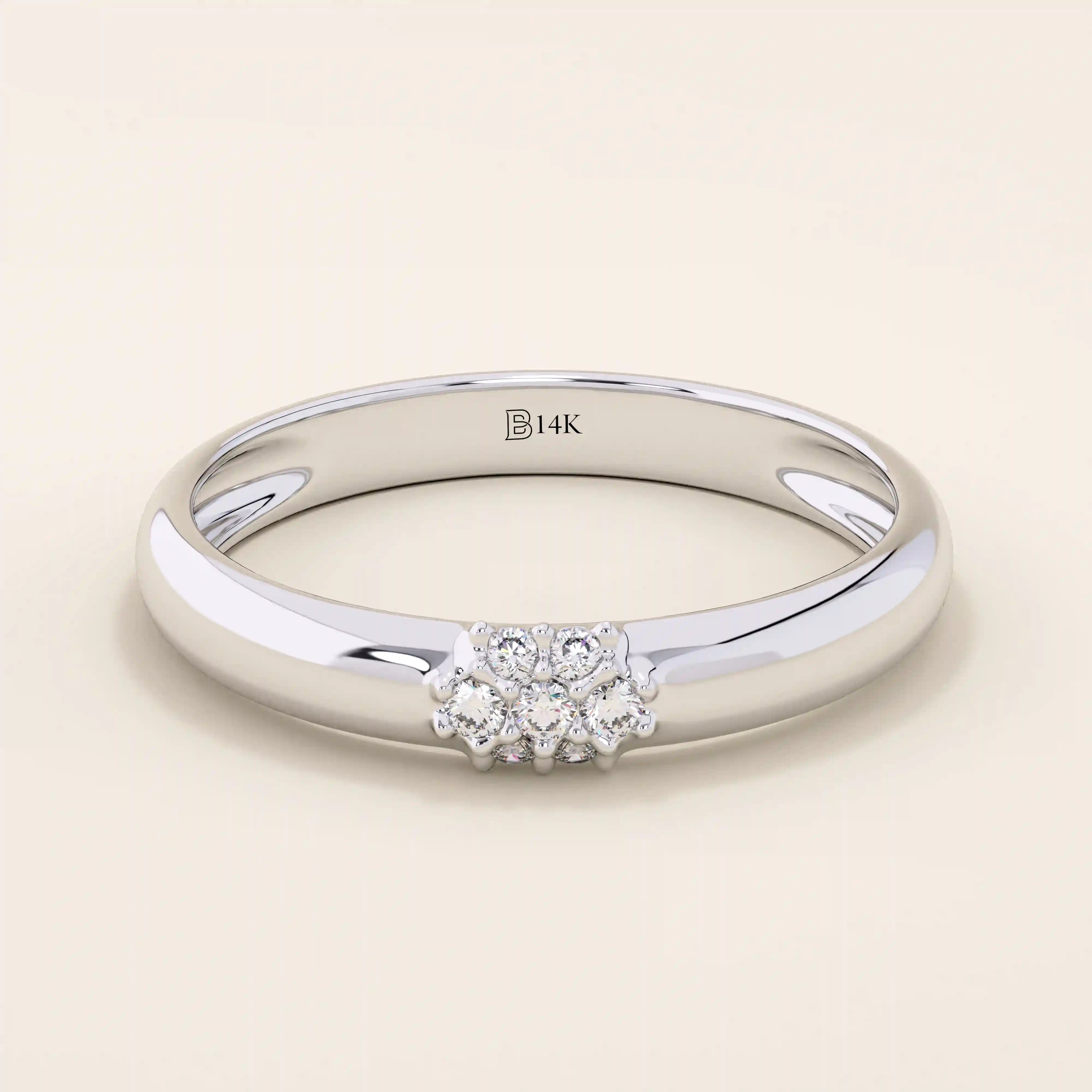 14k solid gold wedding band promise ring featuring clustered sparkling moissanites. A radiant and elegant symbol of commitment.
