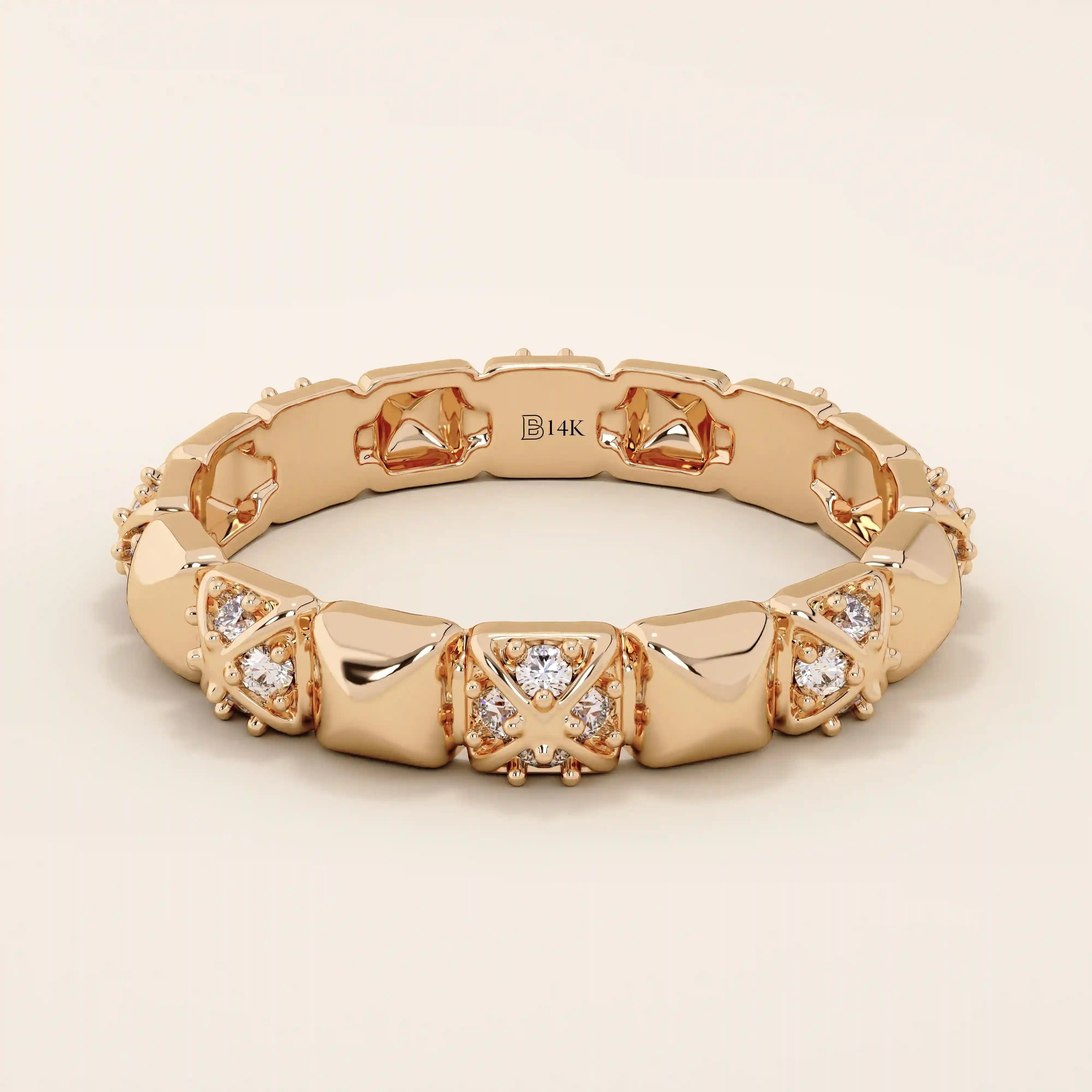 14k solid gold wedding band with pyramid-like angles and pave moissanite detailing. A bold yet refined geometric ring. Perfect as a modern wedding or stacking band.