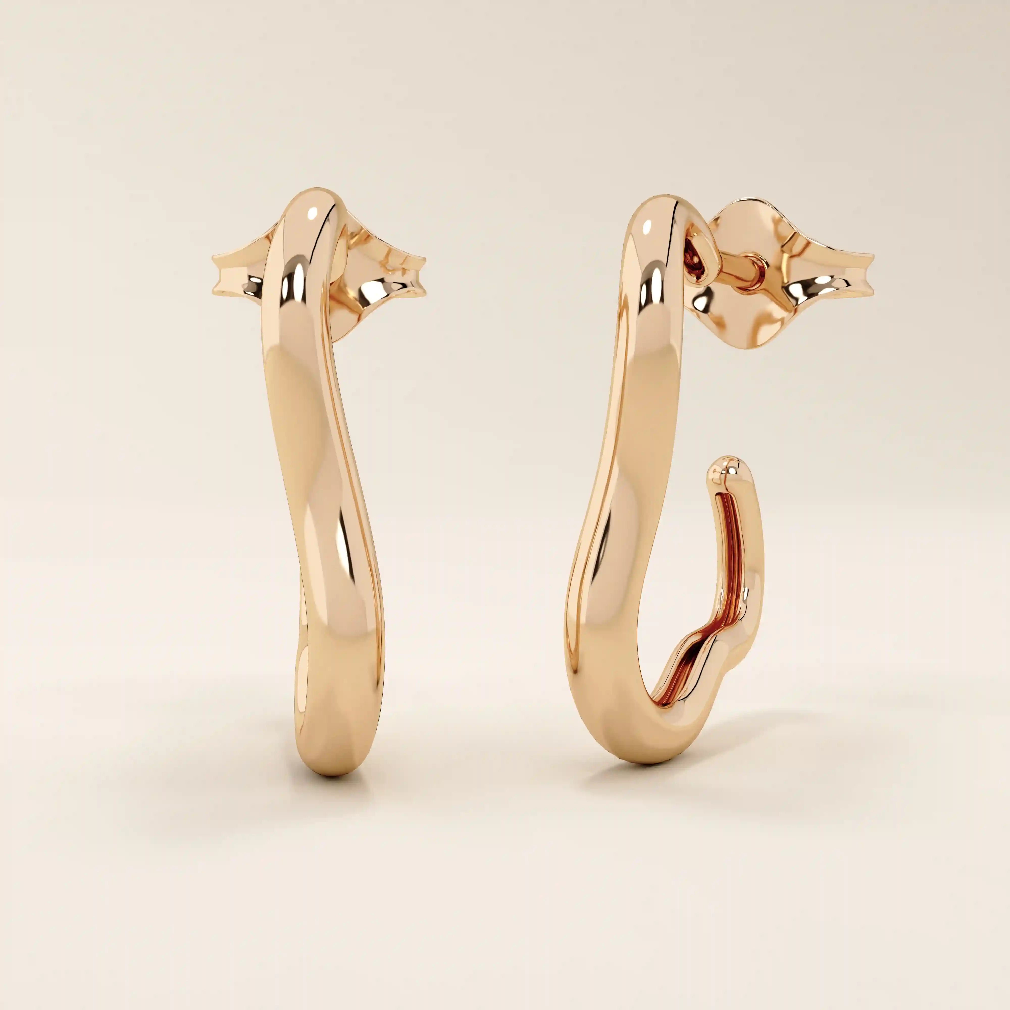 14k solid rose gold abstract curved hoop stud earrings, designed with smooth flowing lines and a reflective finish.
