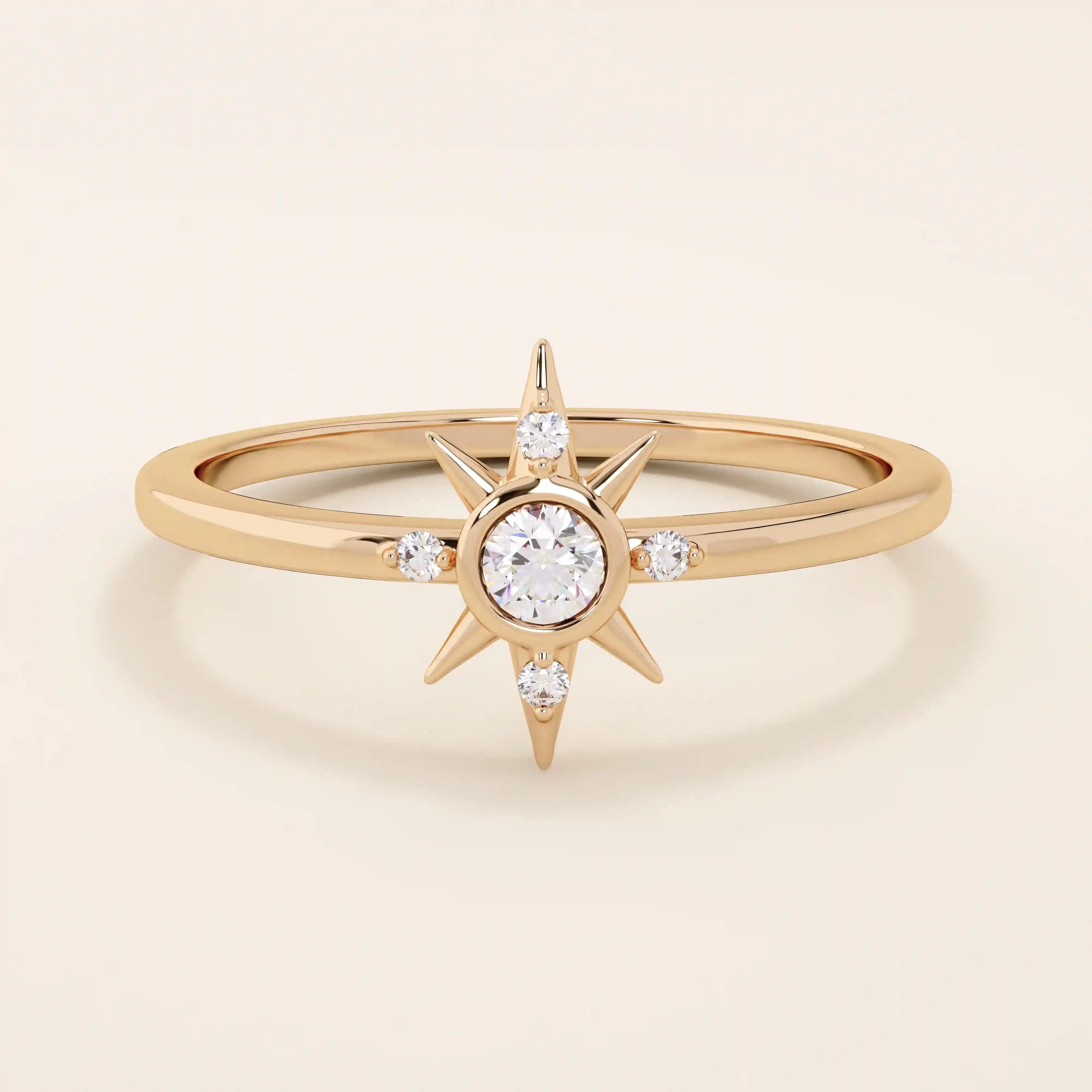 14k solid rose gold band showcasing a starburst motif with a round moissanite center and four accent moissanites.
