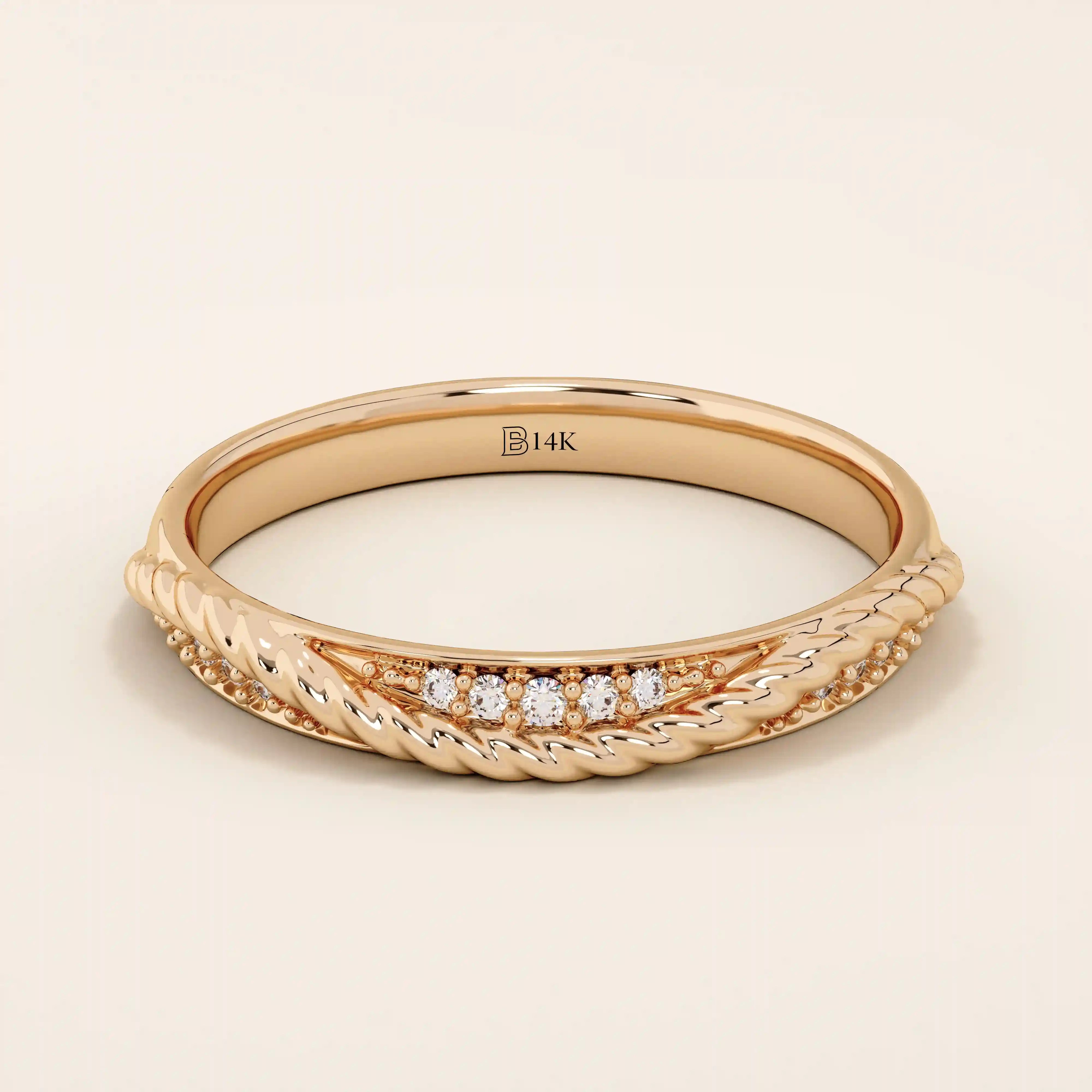 14k solid rose gold braided wedding band with a row of sparkling round diamonds, romantic and dainty design
