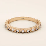 14k solid rose gold eternity band featuring round brilliant cut moissanite stones in a delicate leaf-inspired prong setting, elegant stacking ring for wedding or anniversary