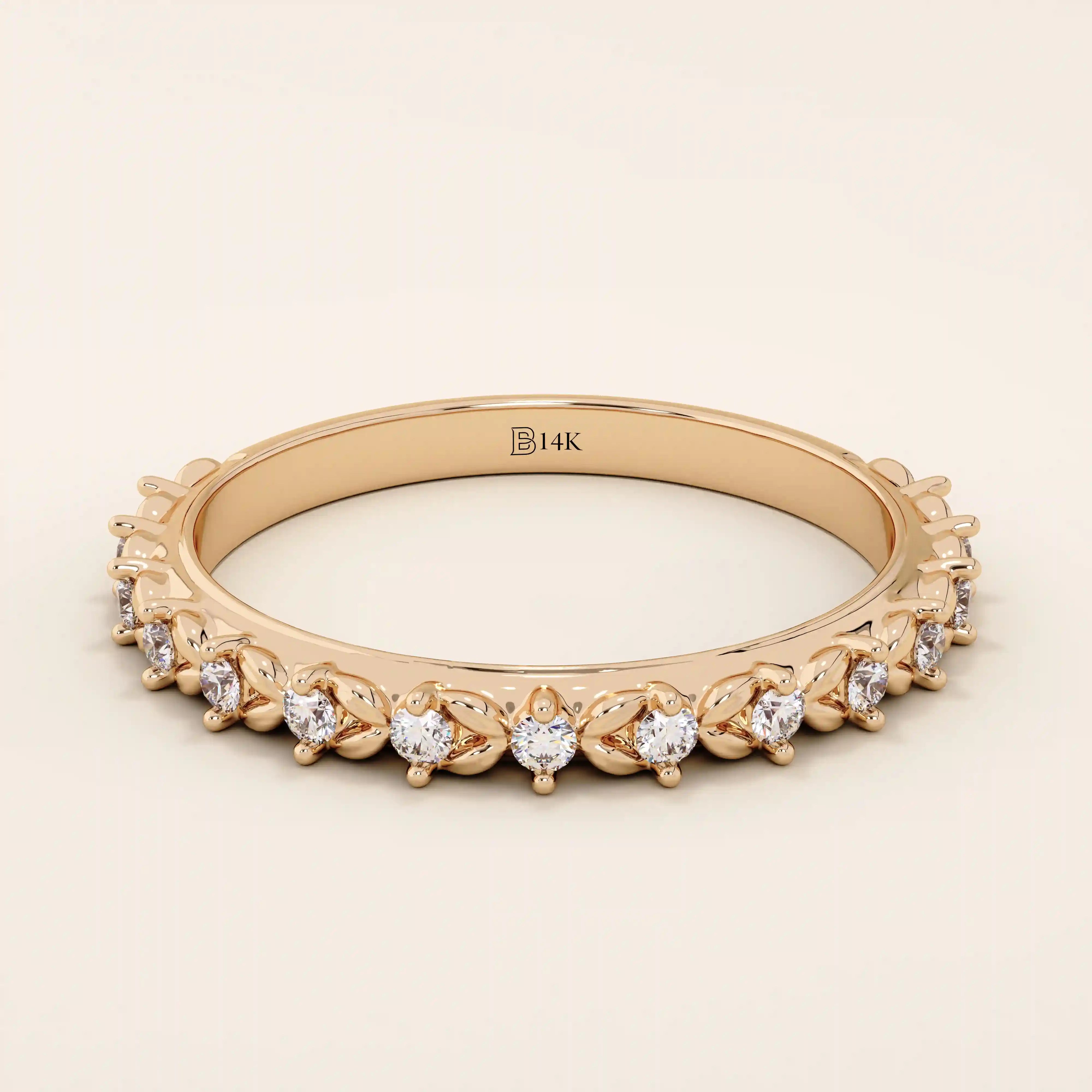 14k solid rose gold eternity band featuring round brilliant cut moissanite stones in a delicate leaf-inspired prong setting, elegant stacking ring for wedding or anniversary