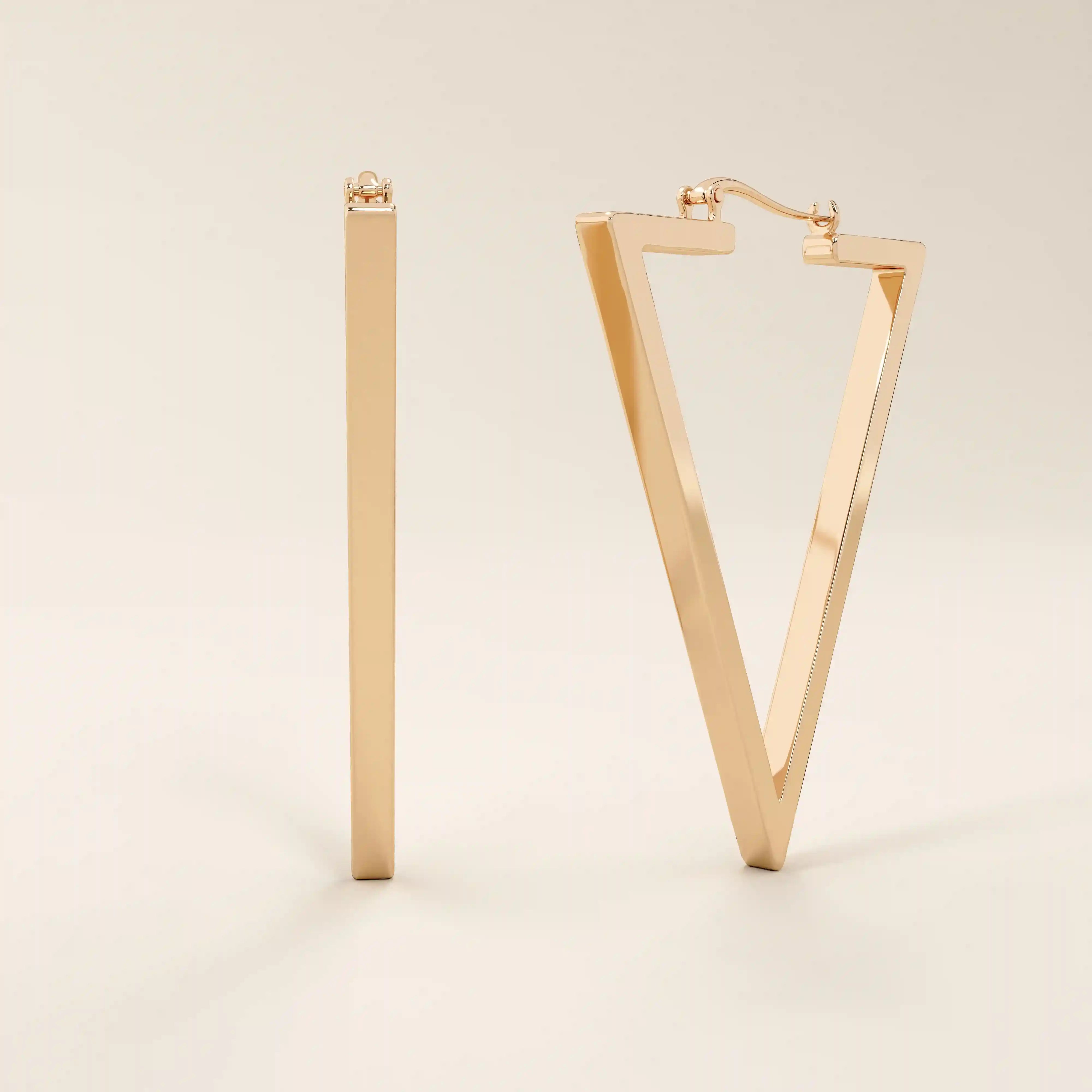 14k solid rose gold open triangle hoop earrings, blending warm, romantic tones with a sleek and angular geometric silhouette.
