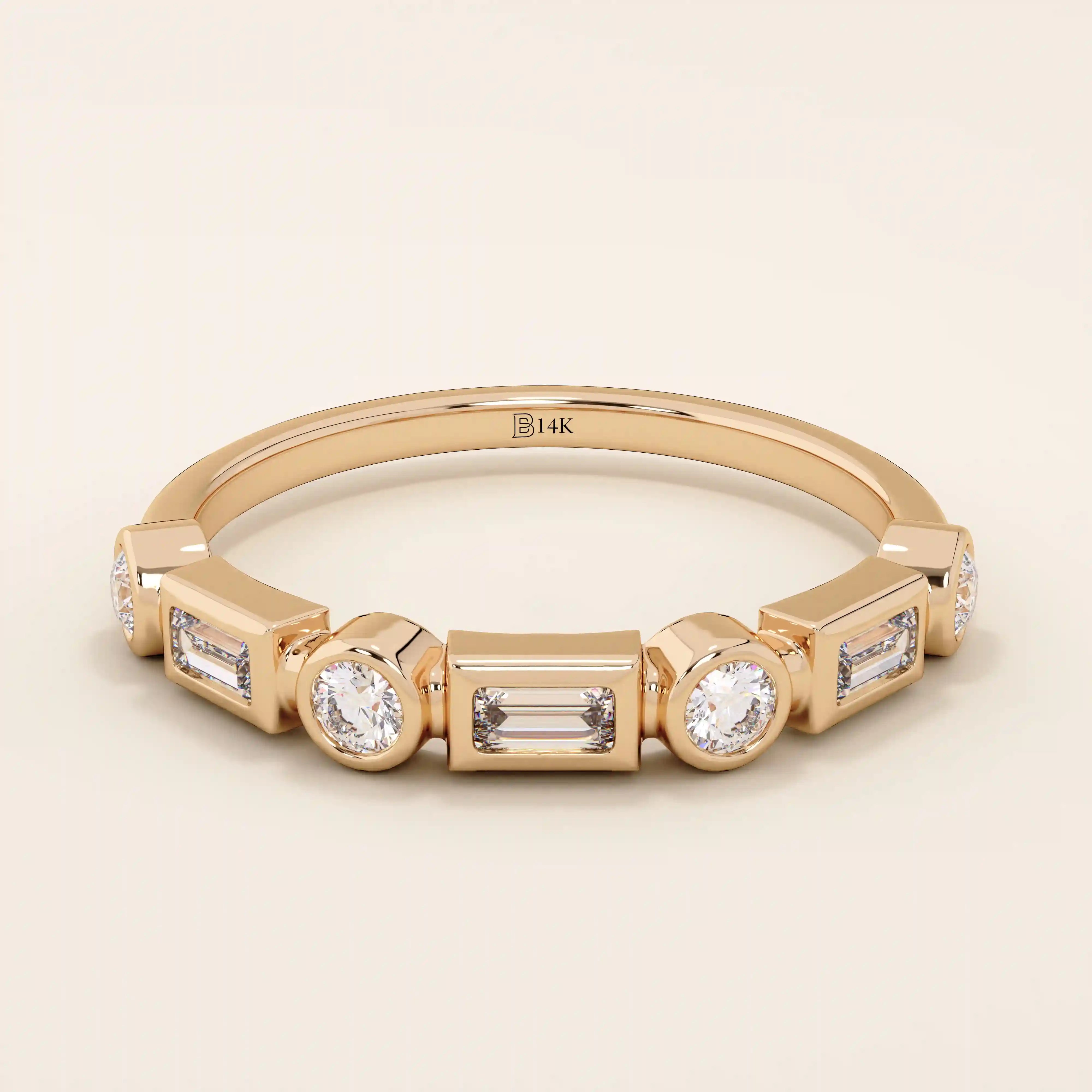 14k solid rose gold ring showcasing alternating baguette cut and round brilliant cut moissanite stones in a contemporary bezel setting, romantic fine jewelry gift
