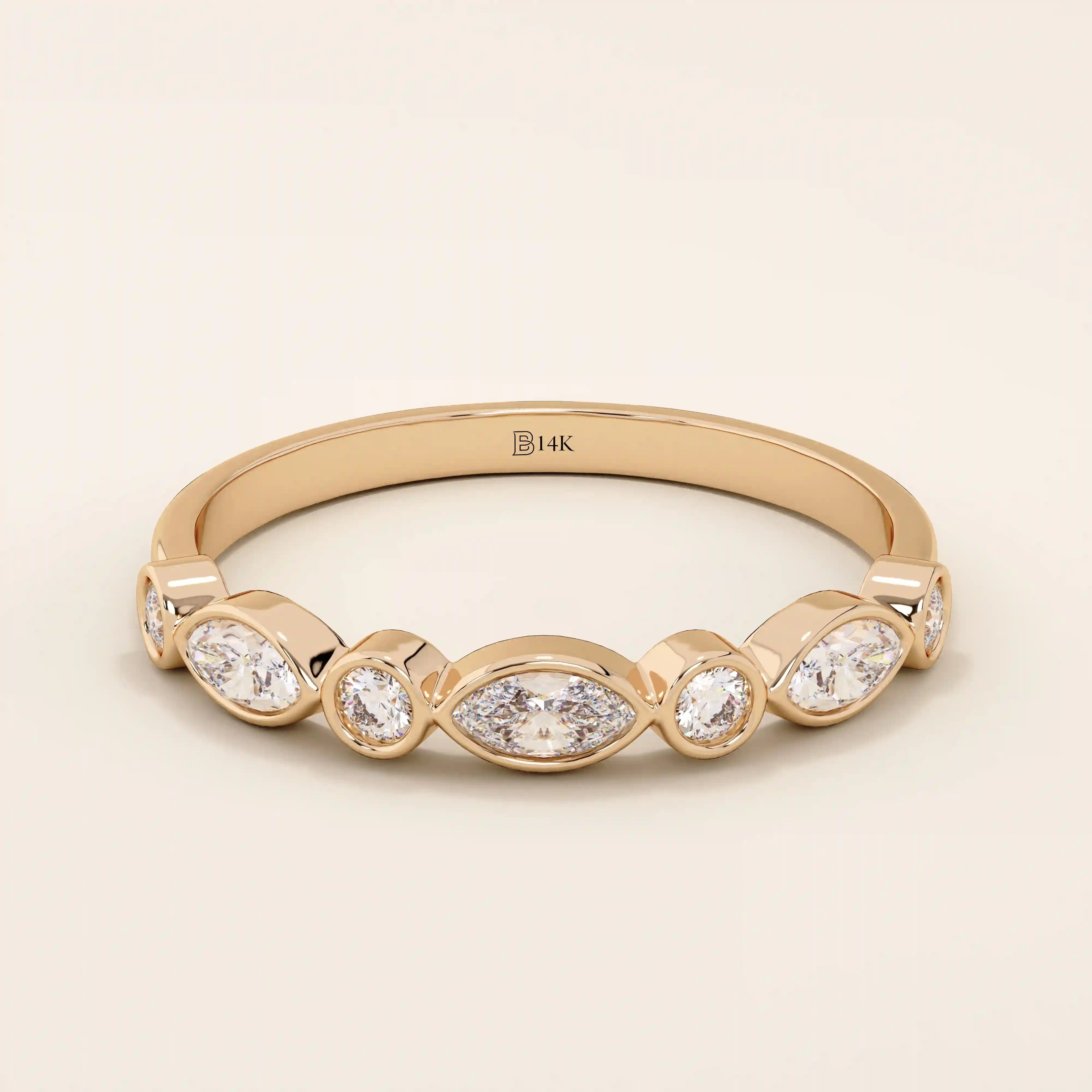 14k solid rose gold ring showcasing alternating marquise cut and round brilliant cut moissanite stones in a refined bezel setting, romantic fine jewelry gift
