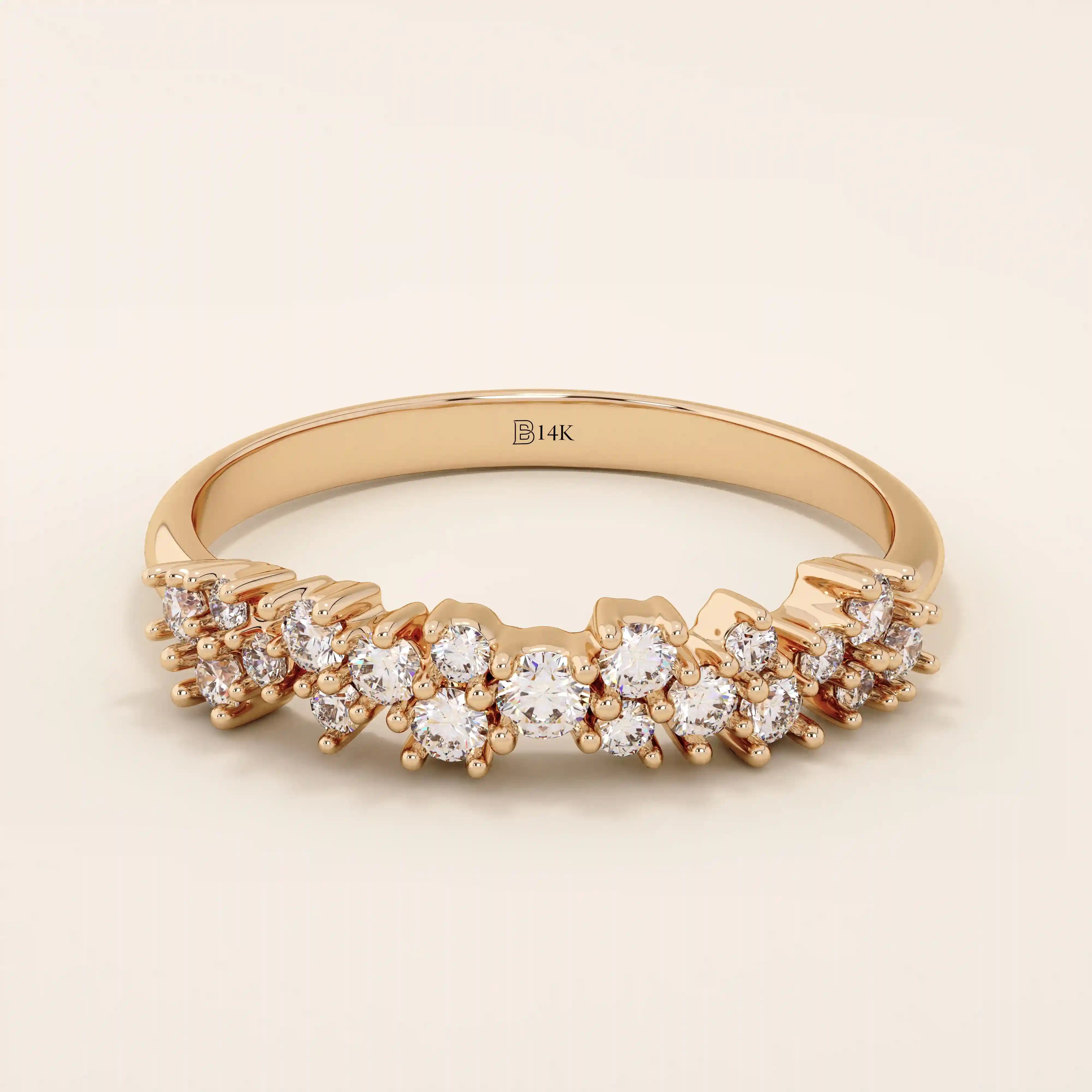 14k solid rose gold ring showcasing clusters of round brilliant cut moissanite stones in prong settings, romantic and eye-catching fine jewelry gift
