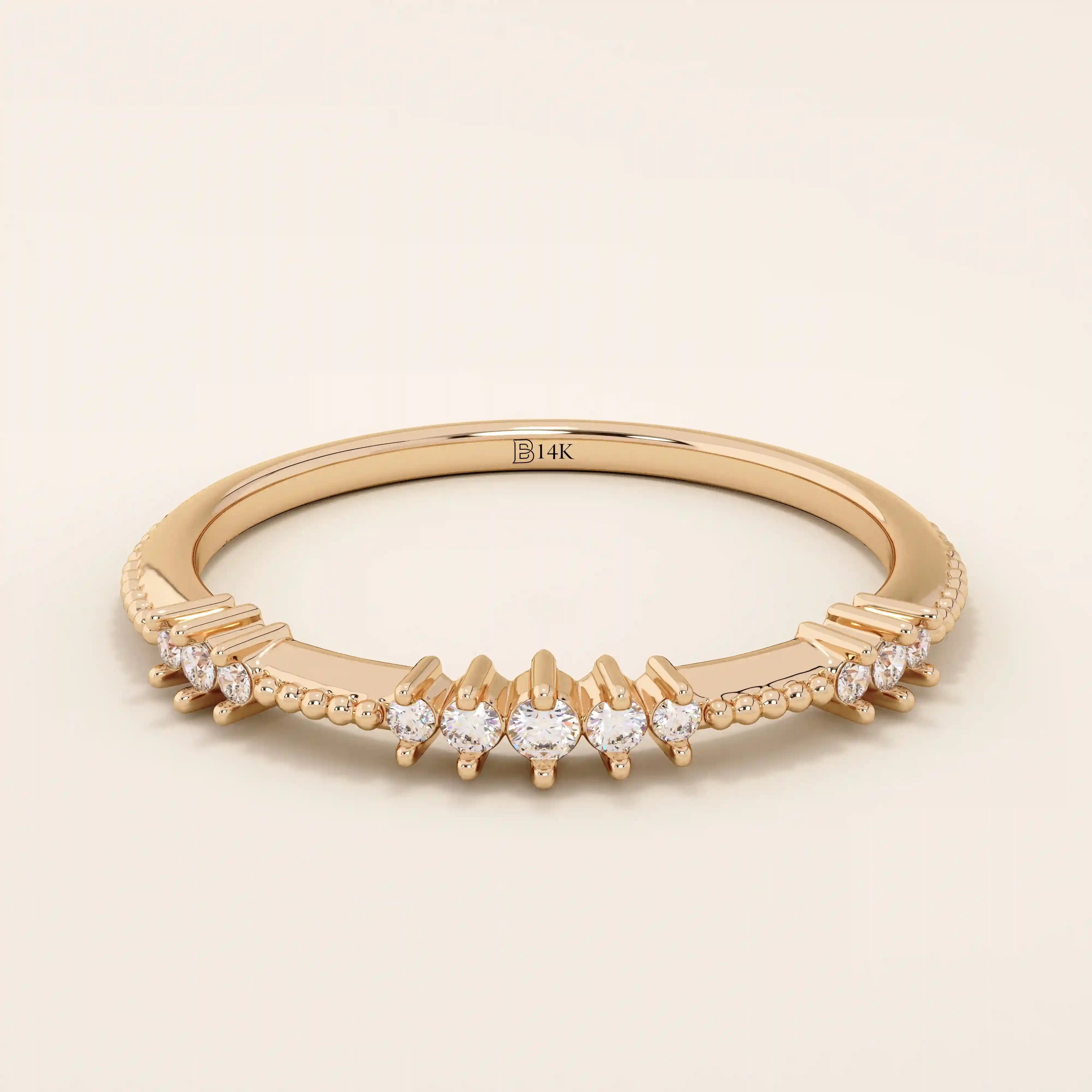 14k solid rose gold ring showcasing round brilliant cut moissanite stones in alternating prong and bead settings, romantic fine jewelry gift
