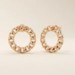 14k solid rose gold round curb chain stud earrings with a smooth, high-shine finish and interwoven links creating a stylish loop.
