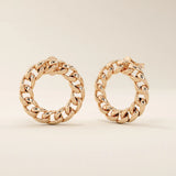 14k solid rose gold round curb chain stud earrings with a smooth, high-shine finish and interwoven links creating a stylish loop.
