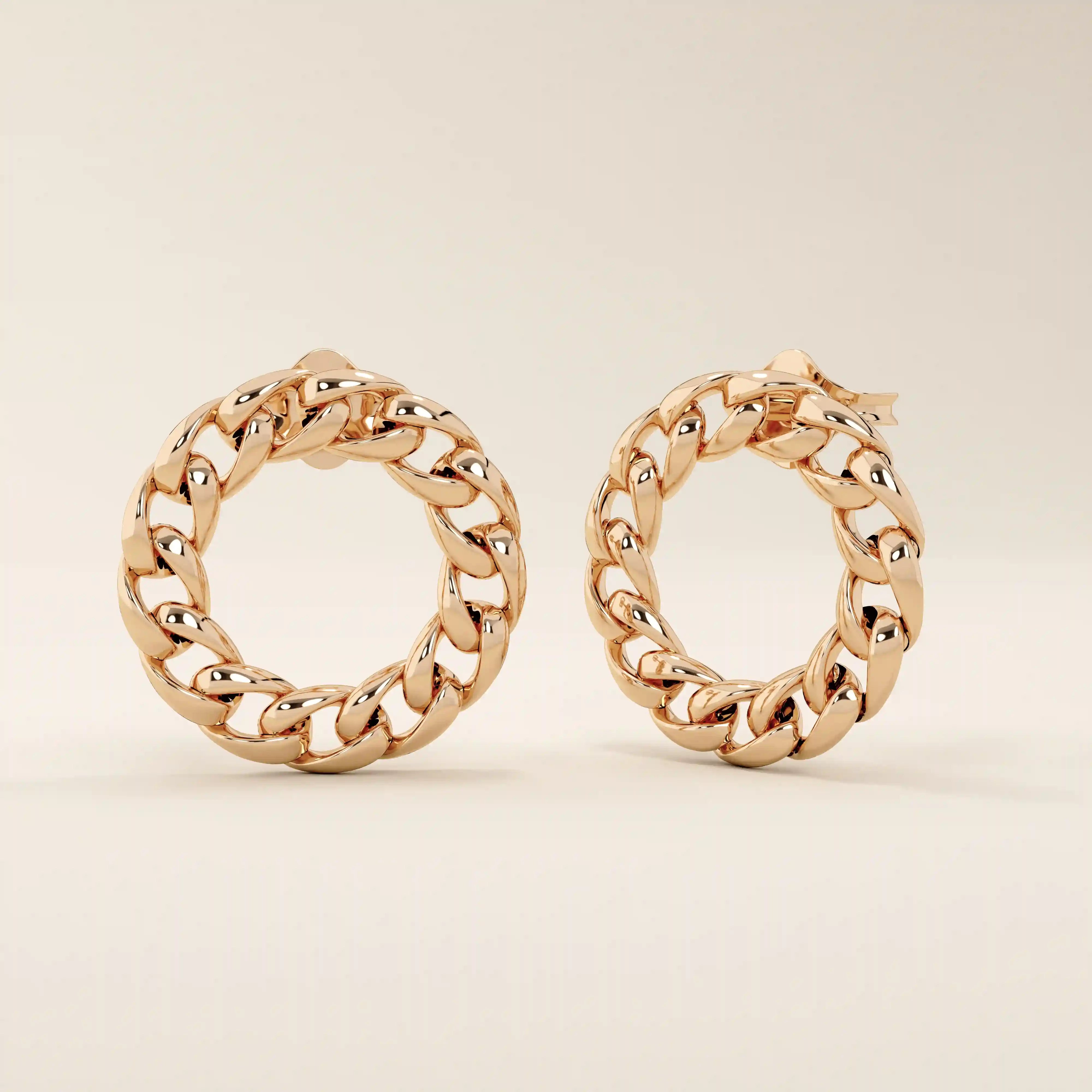 14k solid rose gold round curb chain stud earrings with a smooth, high-shine finish and interwoven links creating a stylish loop.
