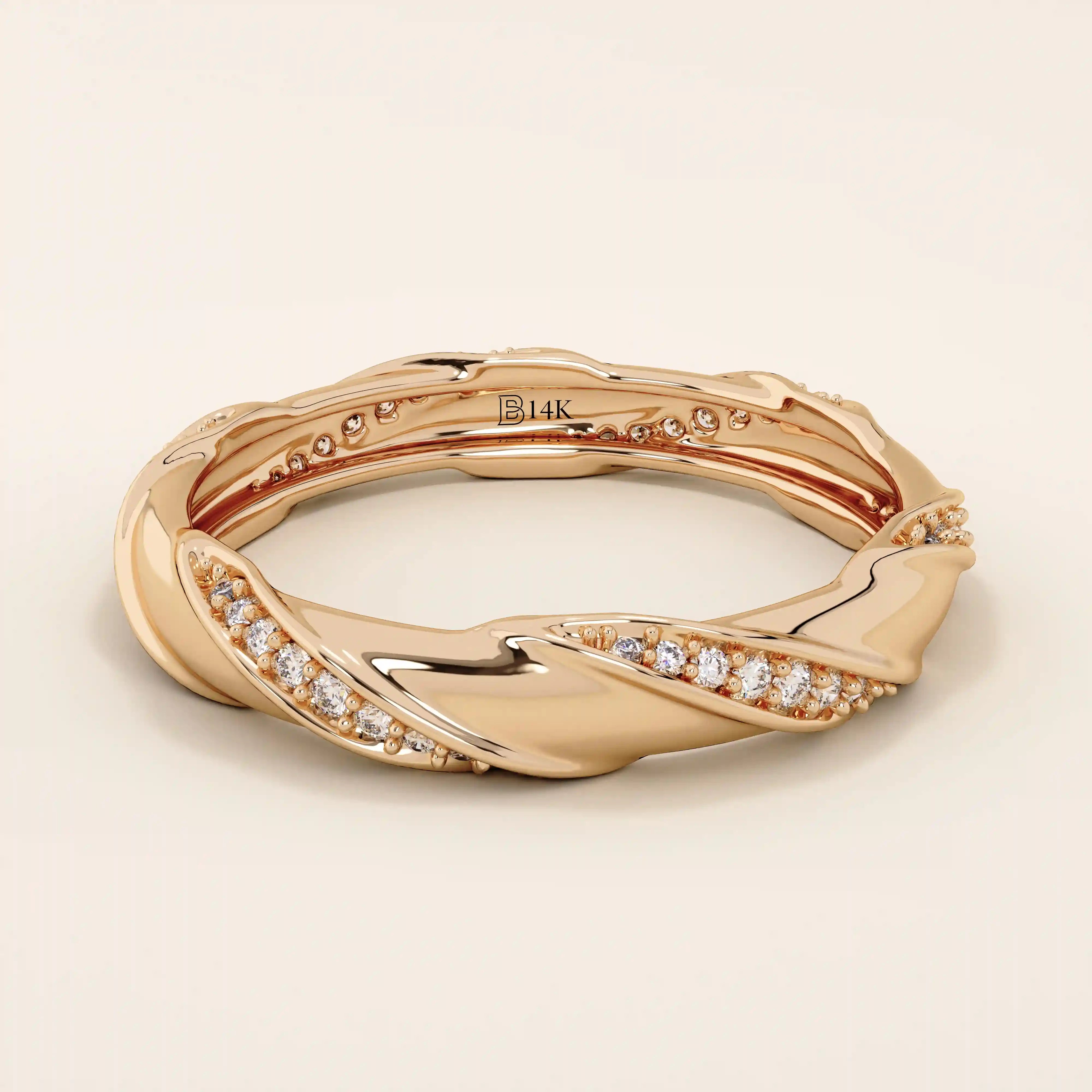 14k solid rose gold twist eternity wedding band with sculpted curves and rows of round brilliant-cut moissanites all around
