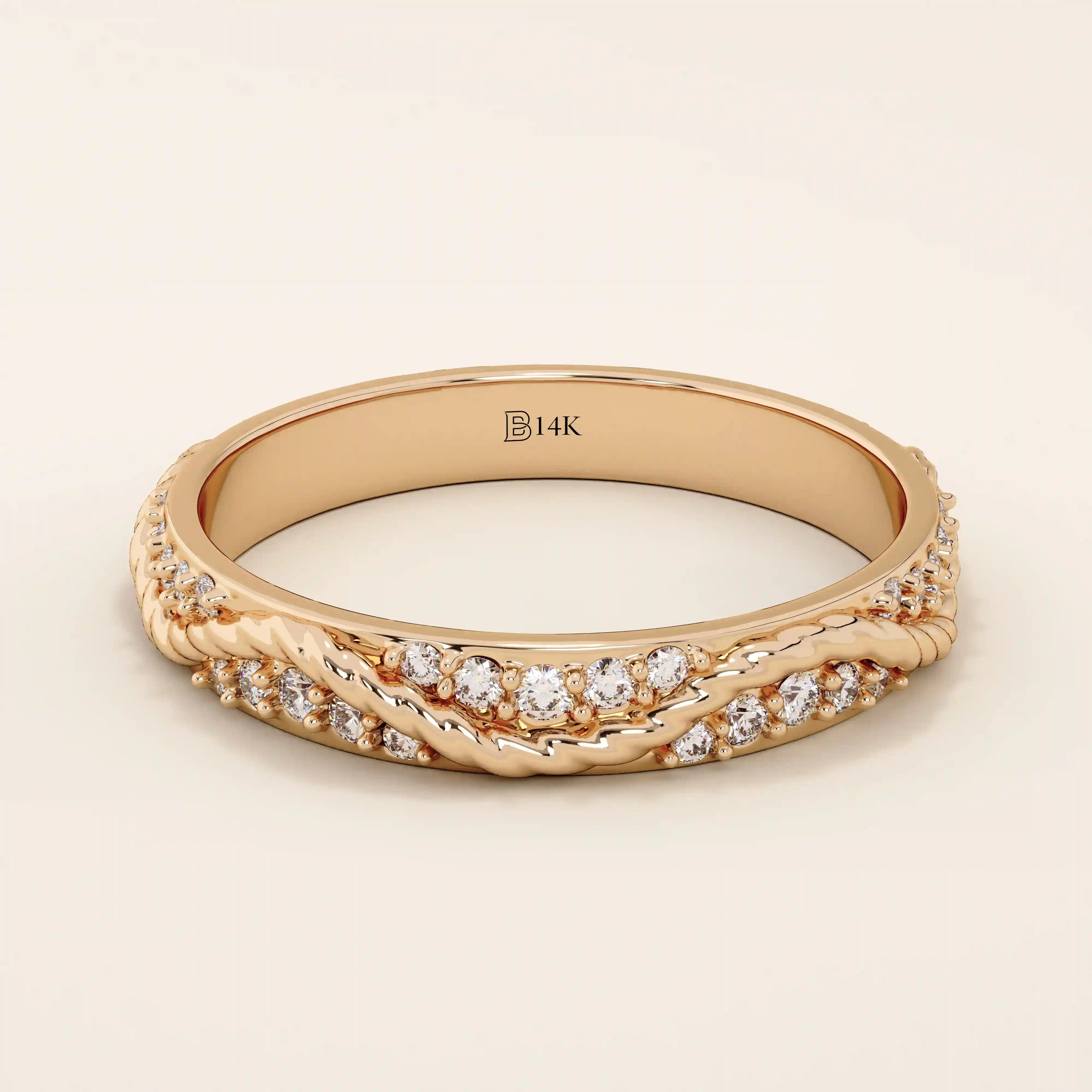 14k solid rose gold twisted eternity wedding band with interwoven strands, fully set with round brilliant-cut moissanites
