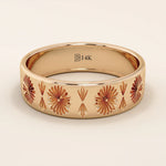 14k solid rose gold wedding band with ornate engraved floral patterns in a repeating design
