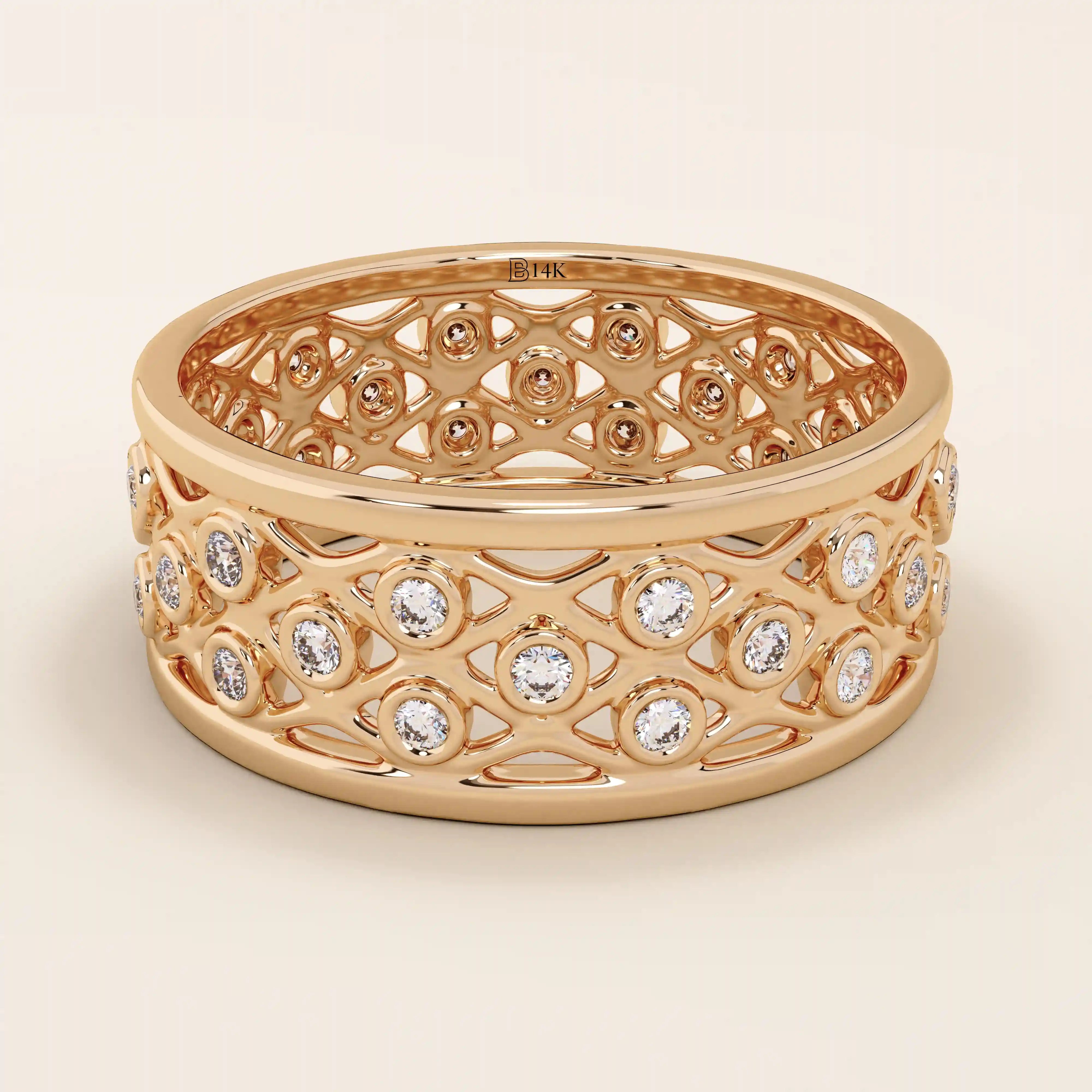 14k solid rose gold wide wedding band with a repeating open lattice pattern, bezel-set moissanite gemstones throughout
