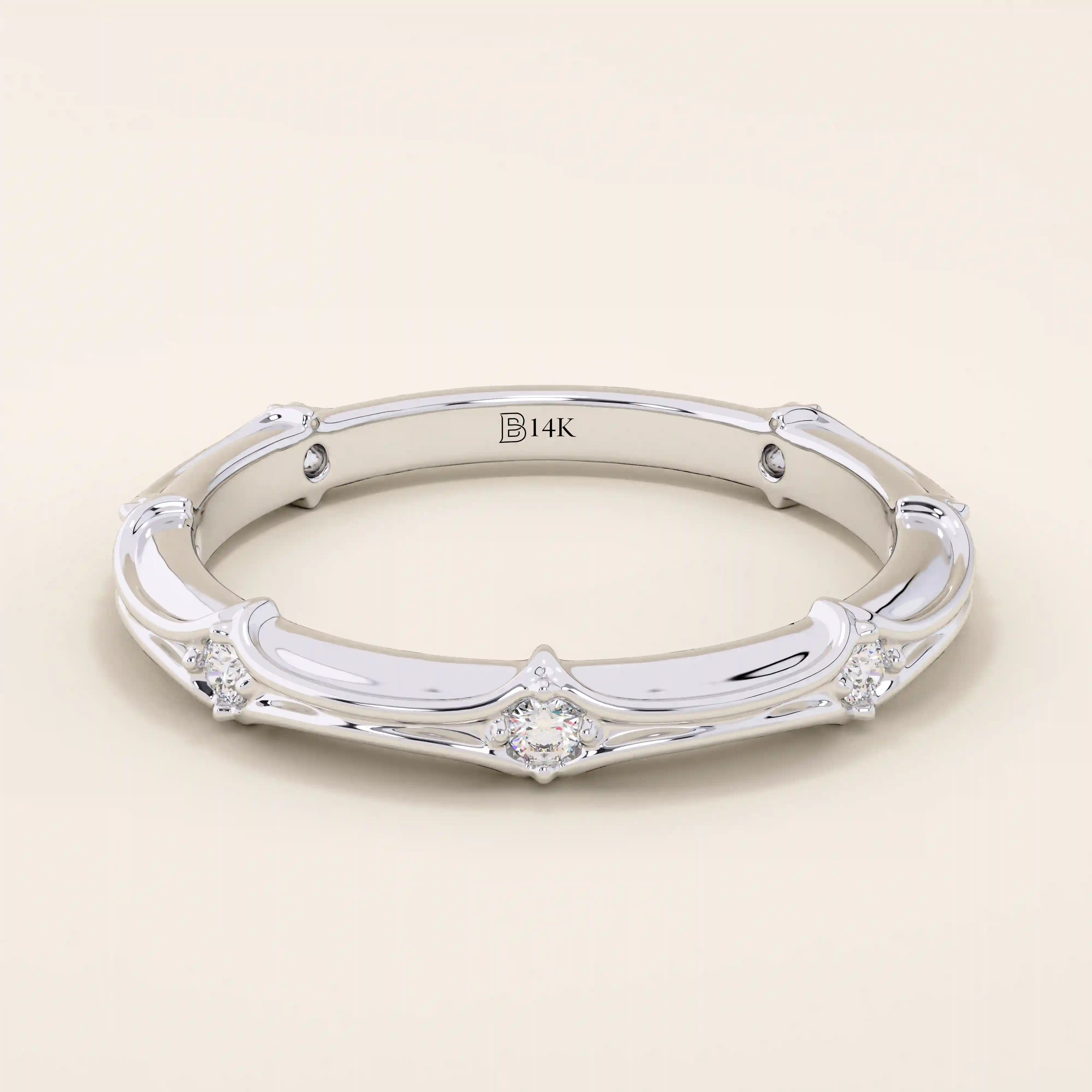 14k solid white gold bamboo-style wedding band, adorned with evenly spaced round brilliant-cut moissanites
