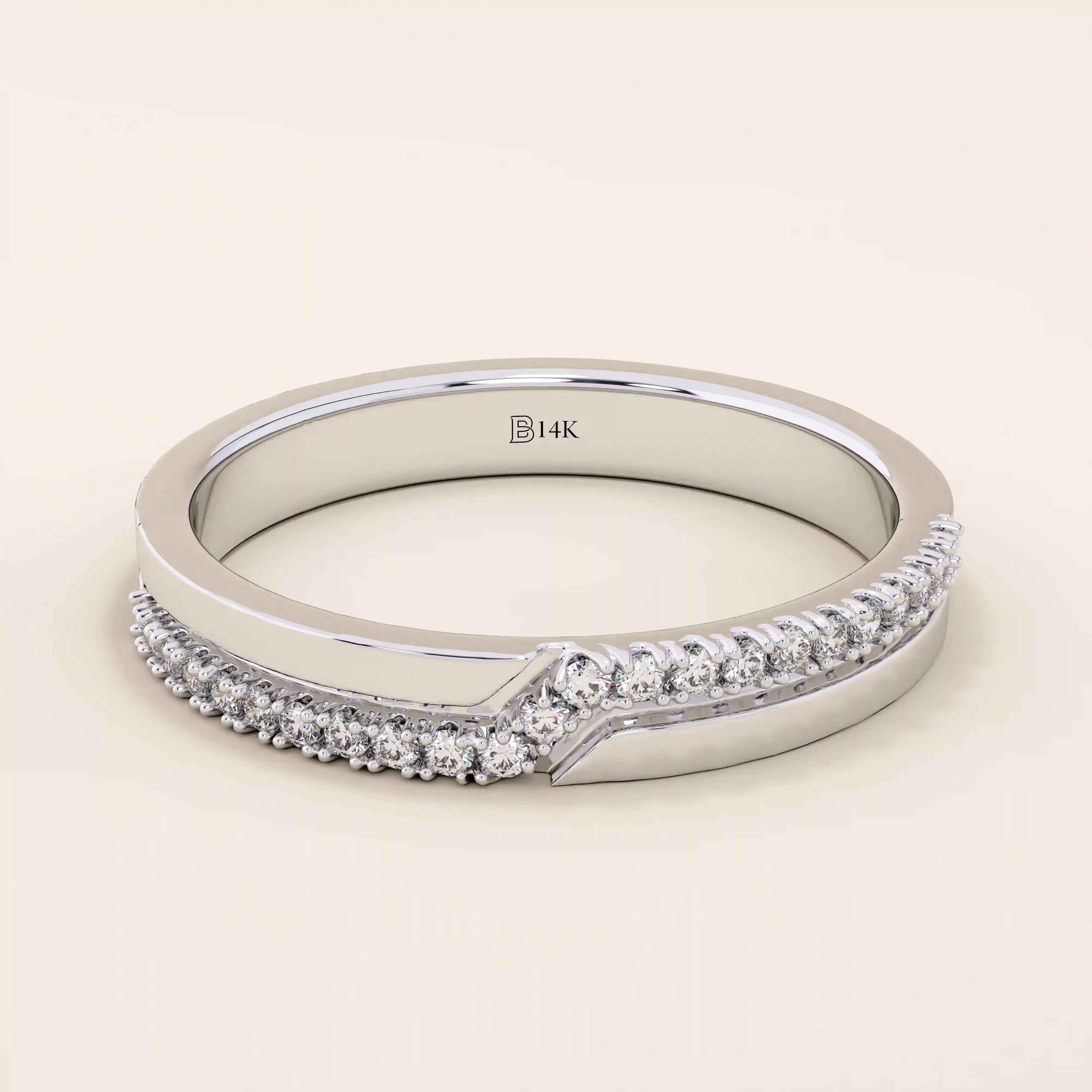 14k solid white gold band with a pointed chevron shape adorned with pavé set round brilliant cut moissanite stones, elegant wedding or anniversary ring
