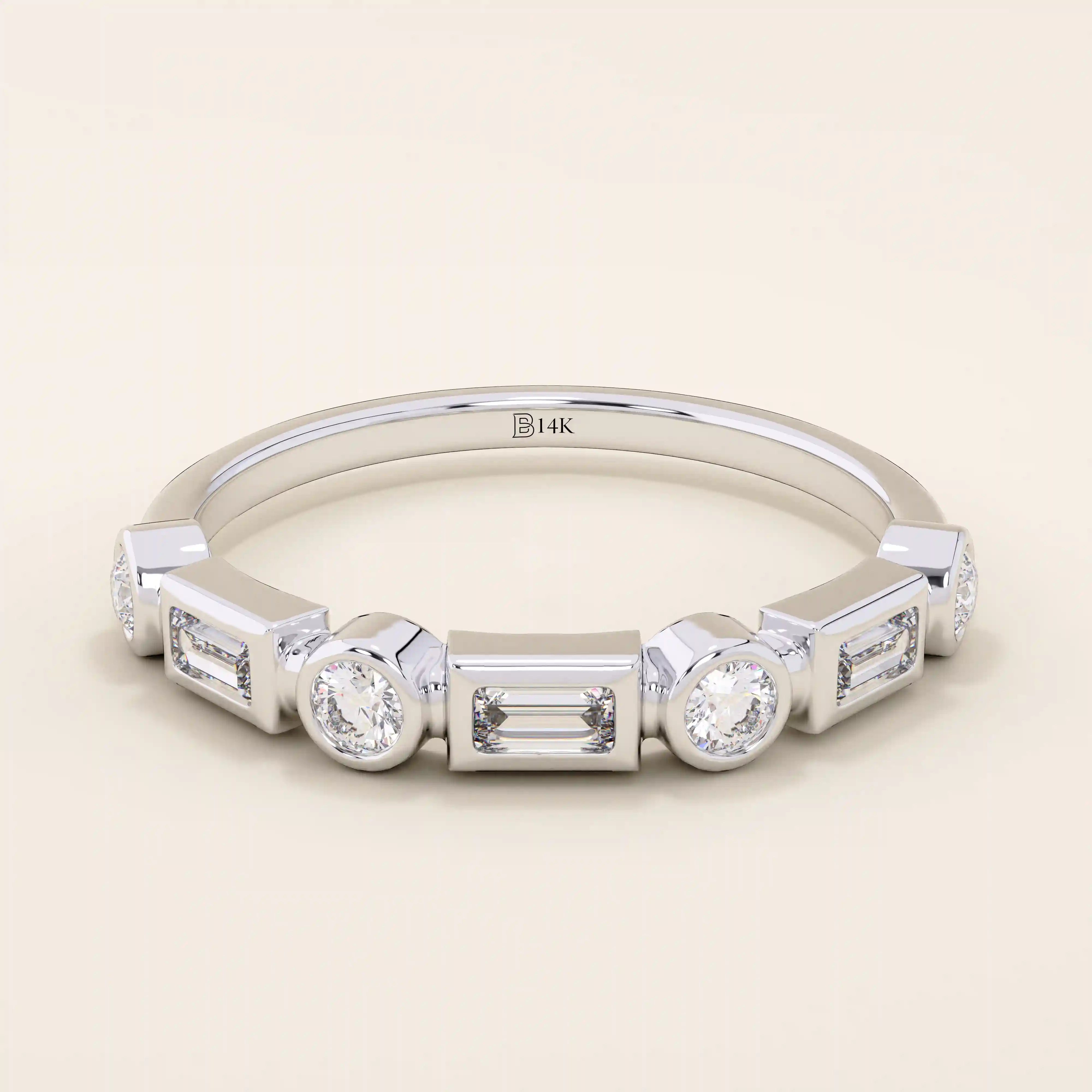 14k solid white gold band with alternating baguette cut and round brilliant cut moissanite stones in a sleek bezel setting, timeless wedding or anniversary ring
