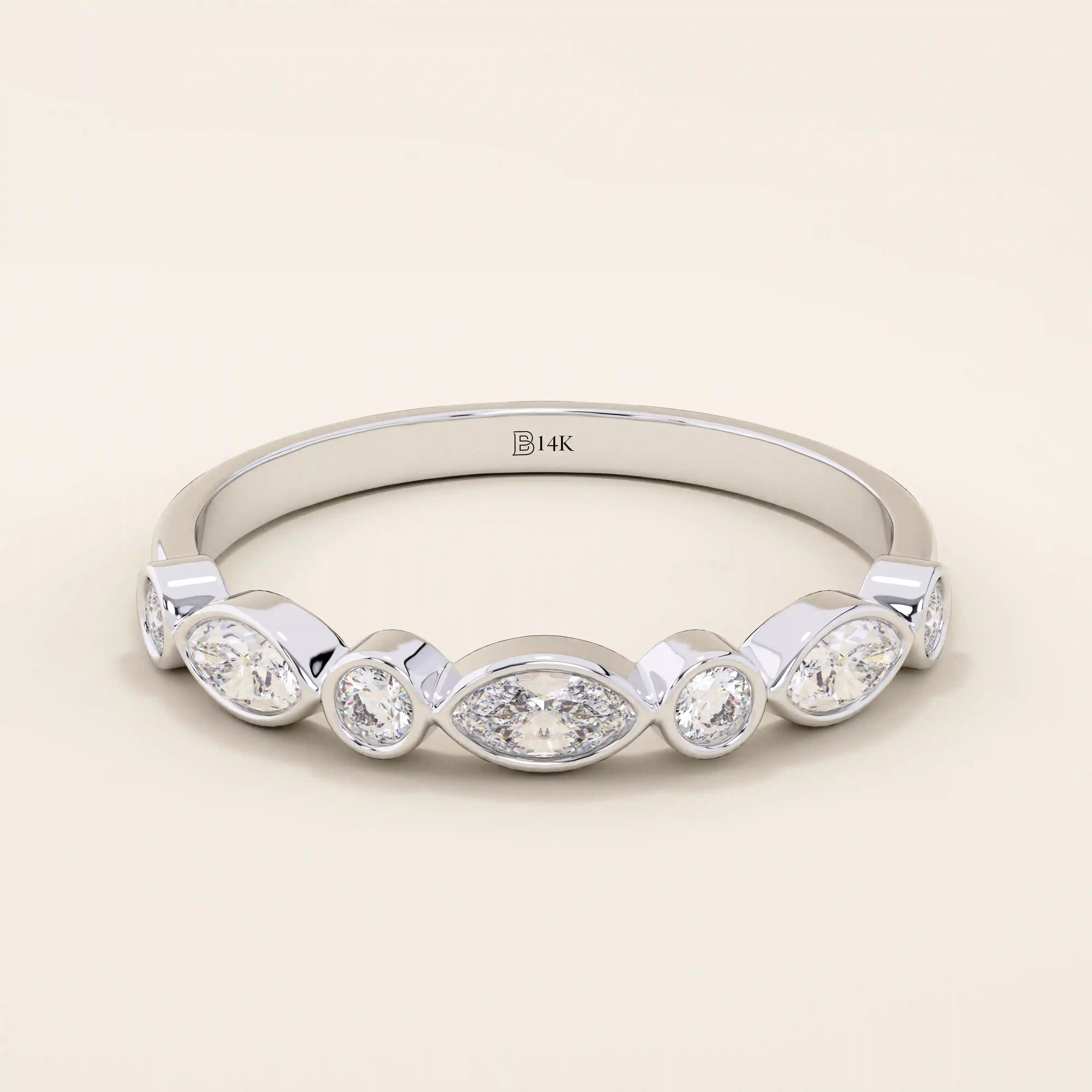 14k solid white gold band with alternating marquise cut and round brilliant cut moissanite stones in a polished bezel setting, timeless wedding or anniversary ring

