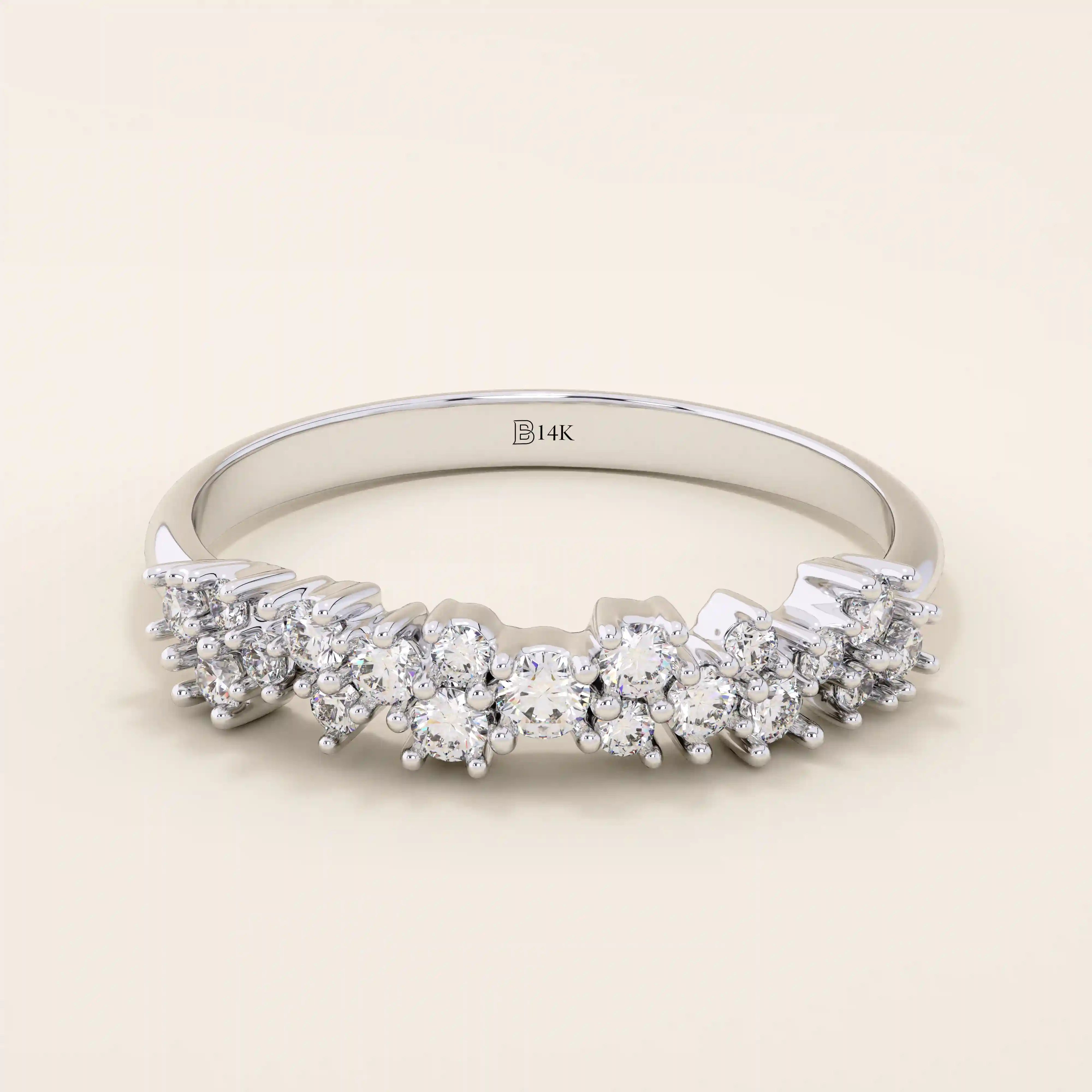 14k solid white gold band with clusters of round brilliant cut moissanite stones in prong settings, elegant and shimmering wedding or anniversary ring
