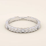 14k solid white gold band with laurel leaf motif and bezel set round brilliant cut moissanite stones, timeless wedding or anniversary ring

