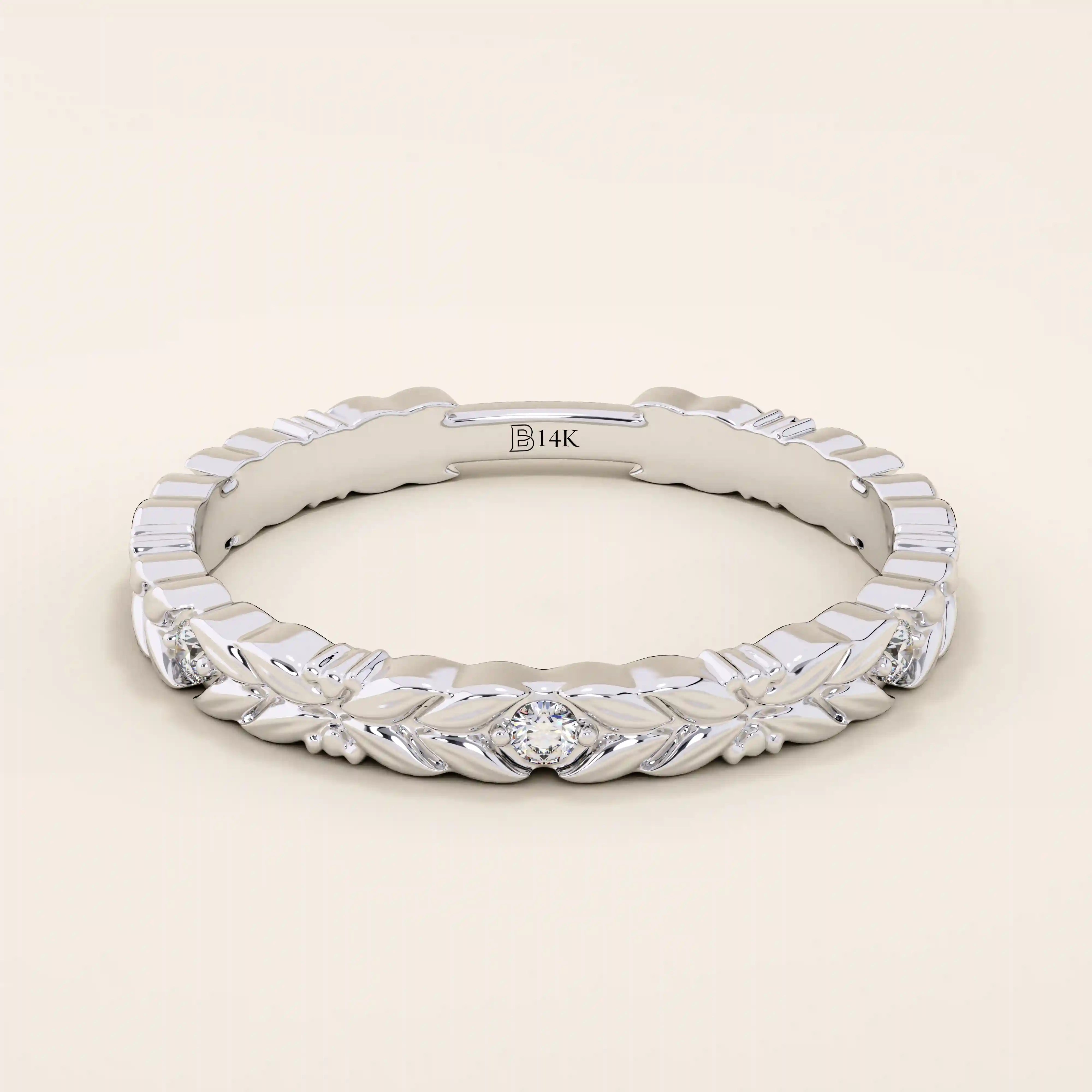 14k solid white gold band with laurel leaf motif and bezel set round brilliant cut moissanite stones, timeless wedding or anniversary ring
