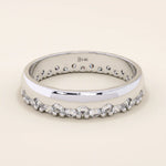 14k solid white gold band with round brilliant cut moissanite stones in a single row and polished bead accents, timeless wedding or anniversary ring
