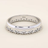 14k solid white gold band with round brilliant cut moissanite stones in a single row and polished bead accents, timeless wedding or anniversary ring
