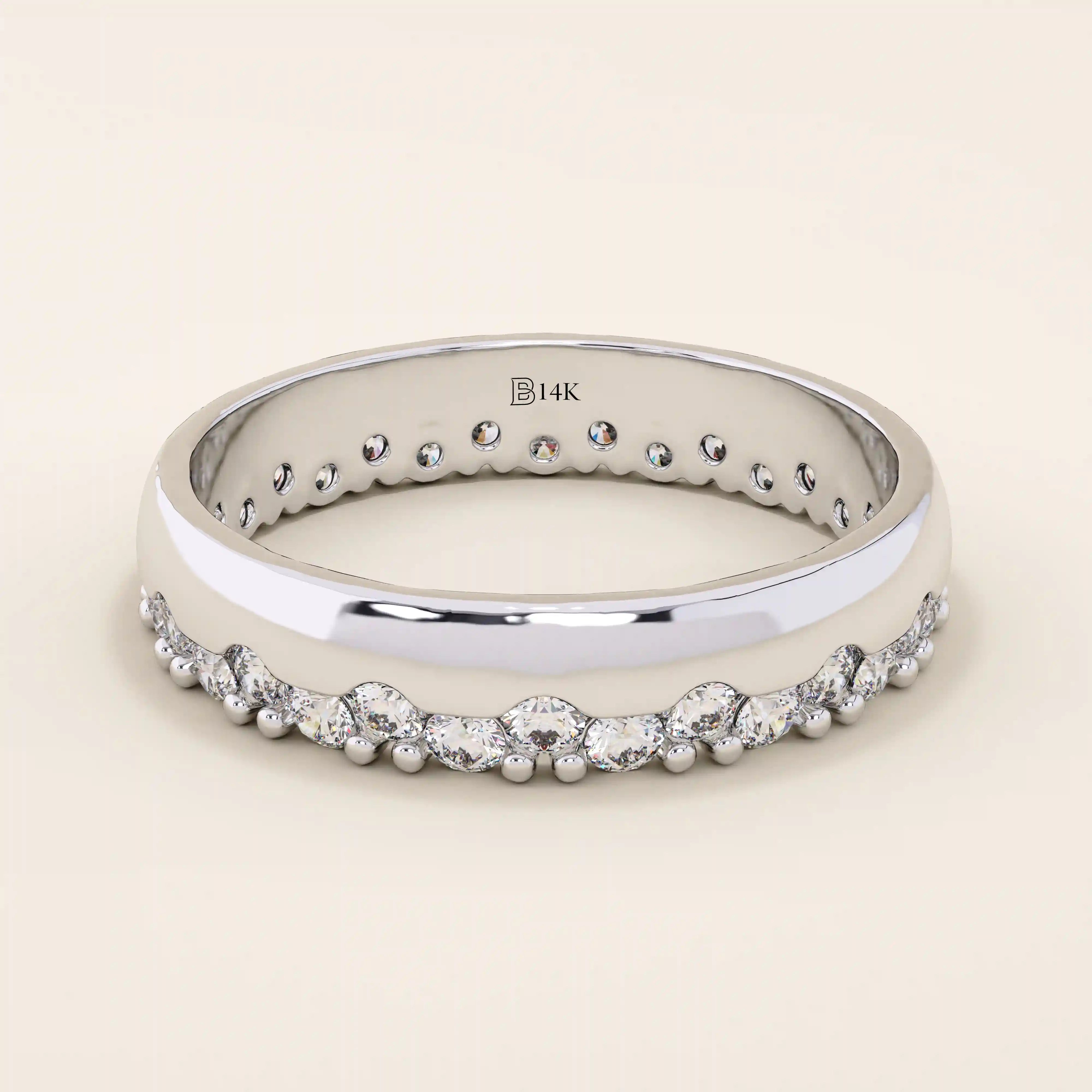 14k solid white gold band with round brilliant cut moissanite stones in a single row and polished bead accents, timeless wedding or anniversary ring
