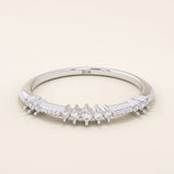 14k solid white gold band with round brilliant cut moissanite stones in alternating prong and bead settings, timeless wedding or anniversary ring
