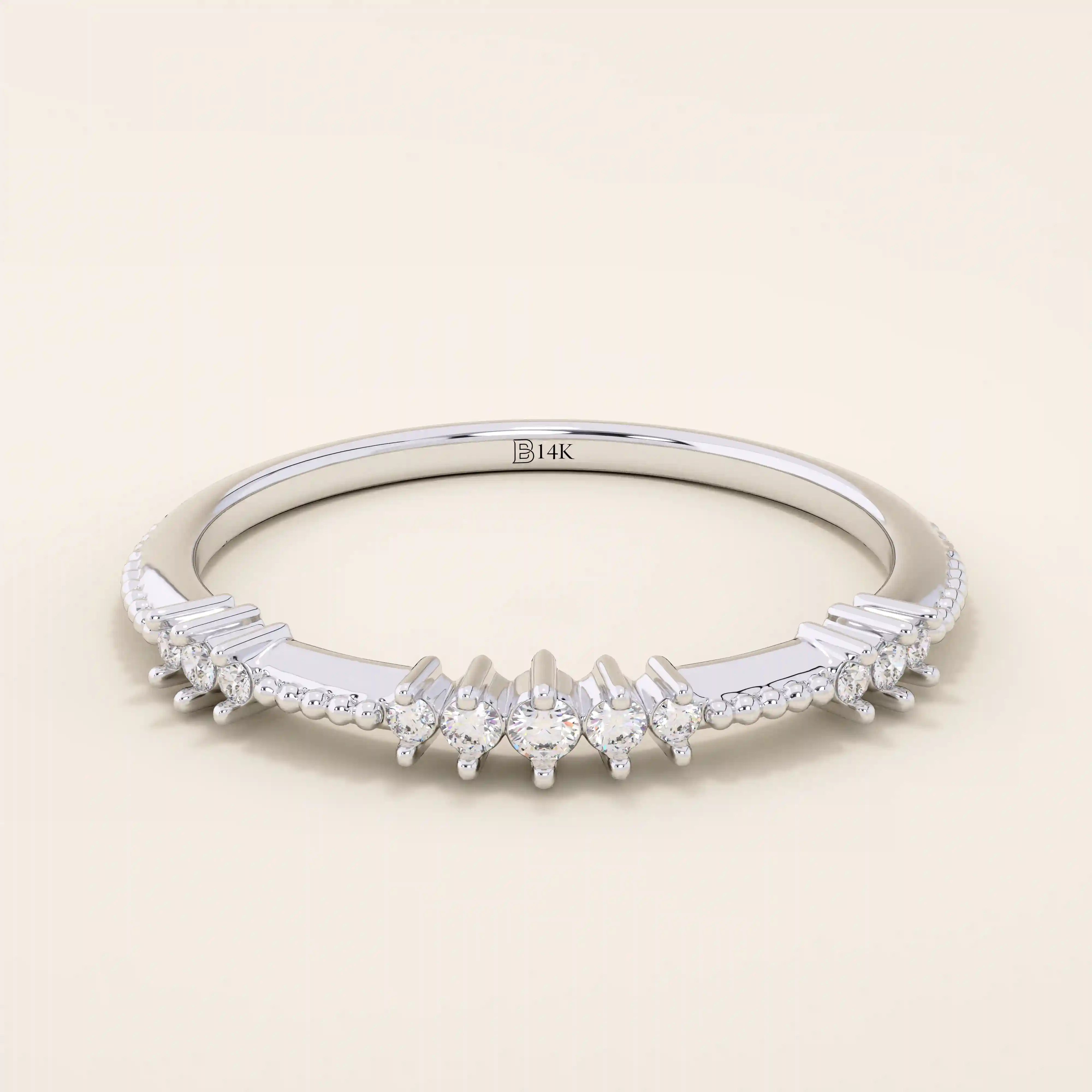 14k solid white gold band with round brilliant cut moissanite stones in alternating prong and bead settings, timeless wedding or anniversary ring
