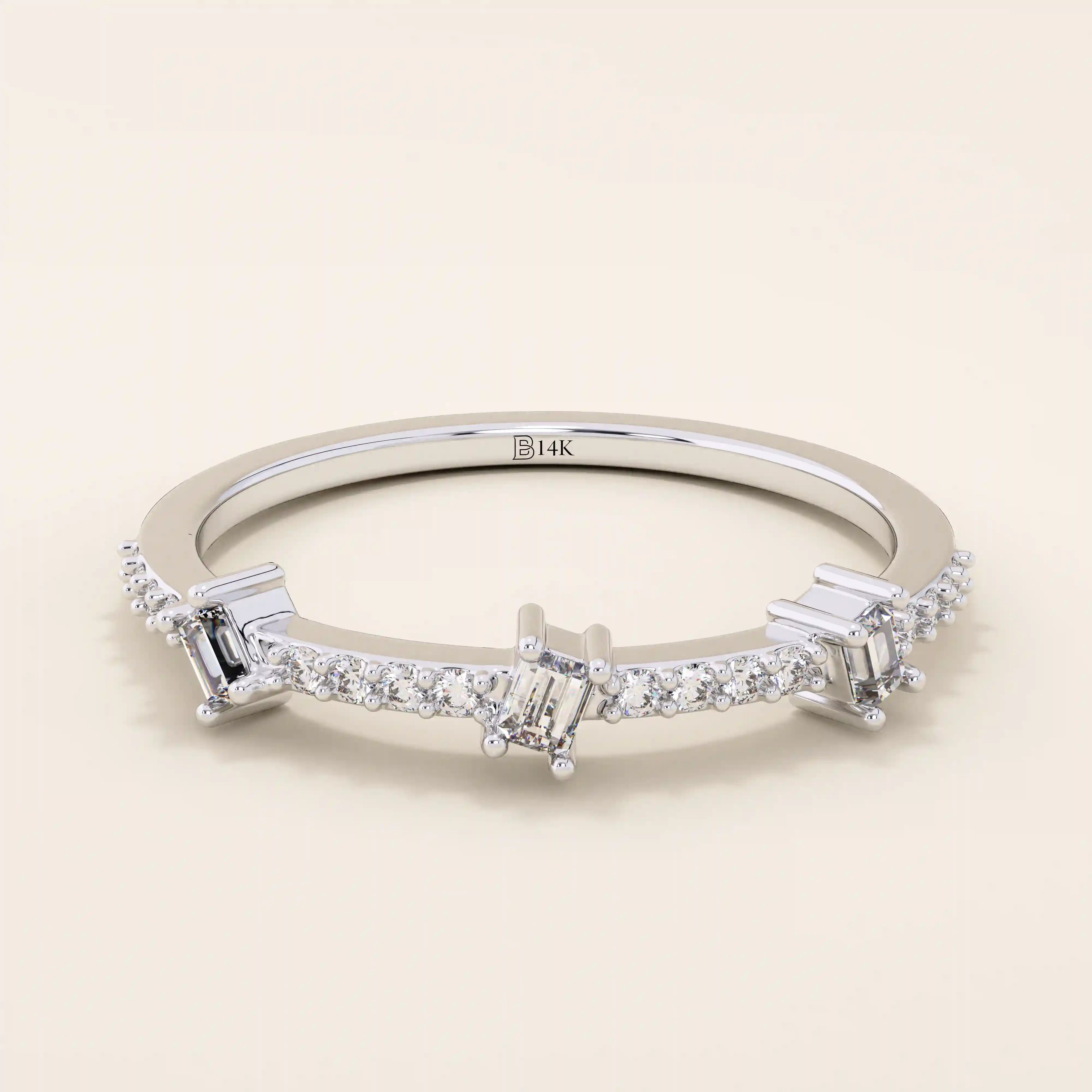 14k solid white gold band with three baguette cut moissanite stones set among pavé round moissanite accents, sleek and elegant wedding or anniversary ring
