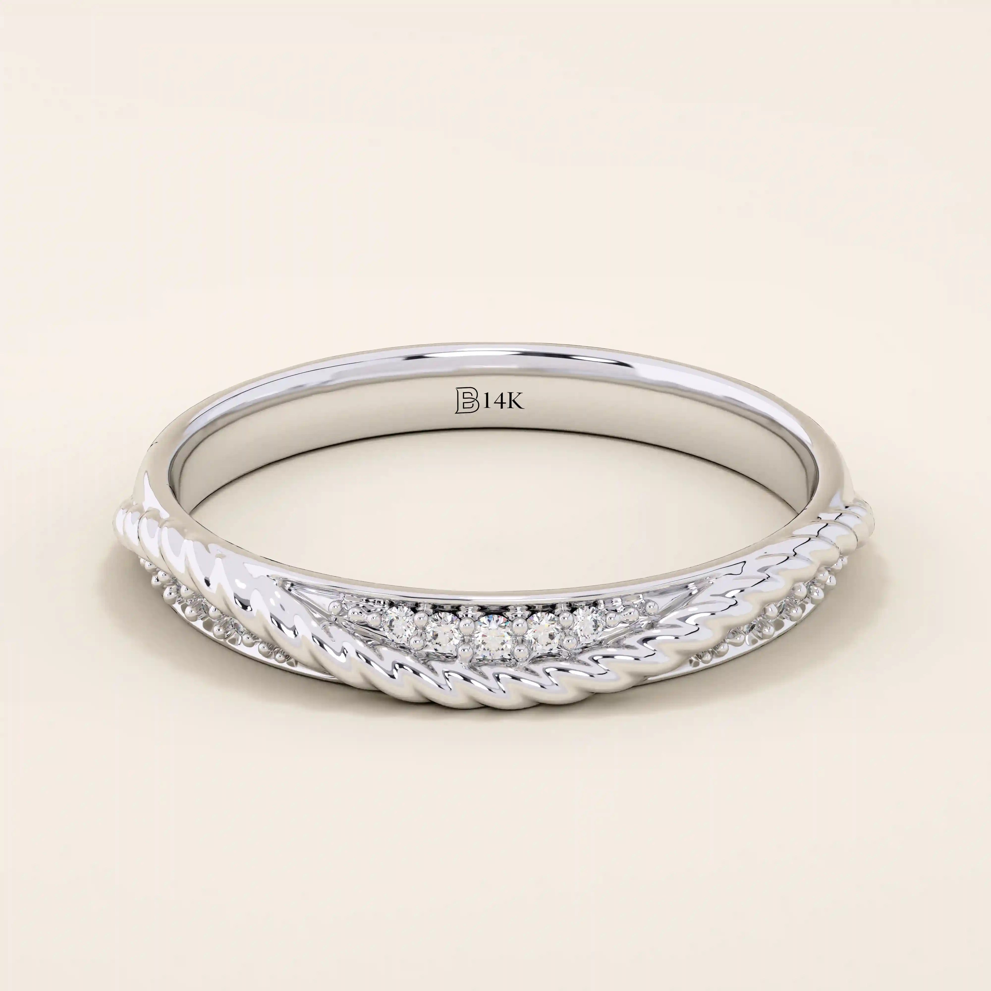 14k solid white gold braided wedding band featuring a row of round brilliant diamonds, minimalist and timeless fine jewelry
