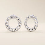 14k solid white gold circular stud earrings featuring a continuous curb chain link design for a modern, textured statement look.
