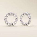 14k solid white gold circular stud earrings featuring a continuous curb chain link design for a modern, textured statement look.
