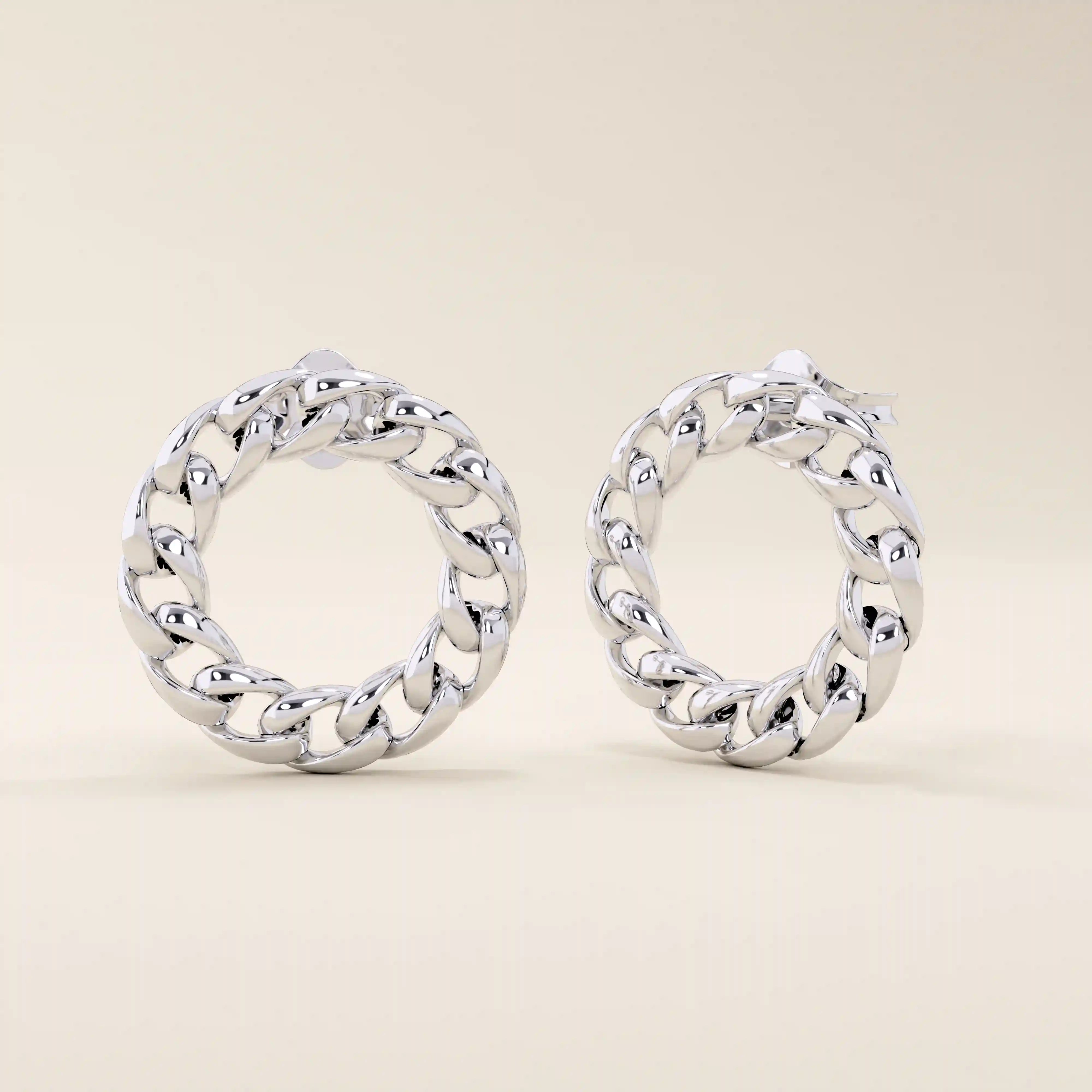 14k solid white gold circular stud earrings featuring a continuous curb chain link design for a modern, textured statement look.
