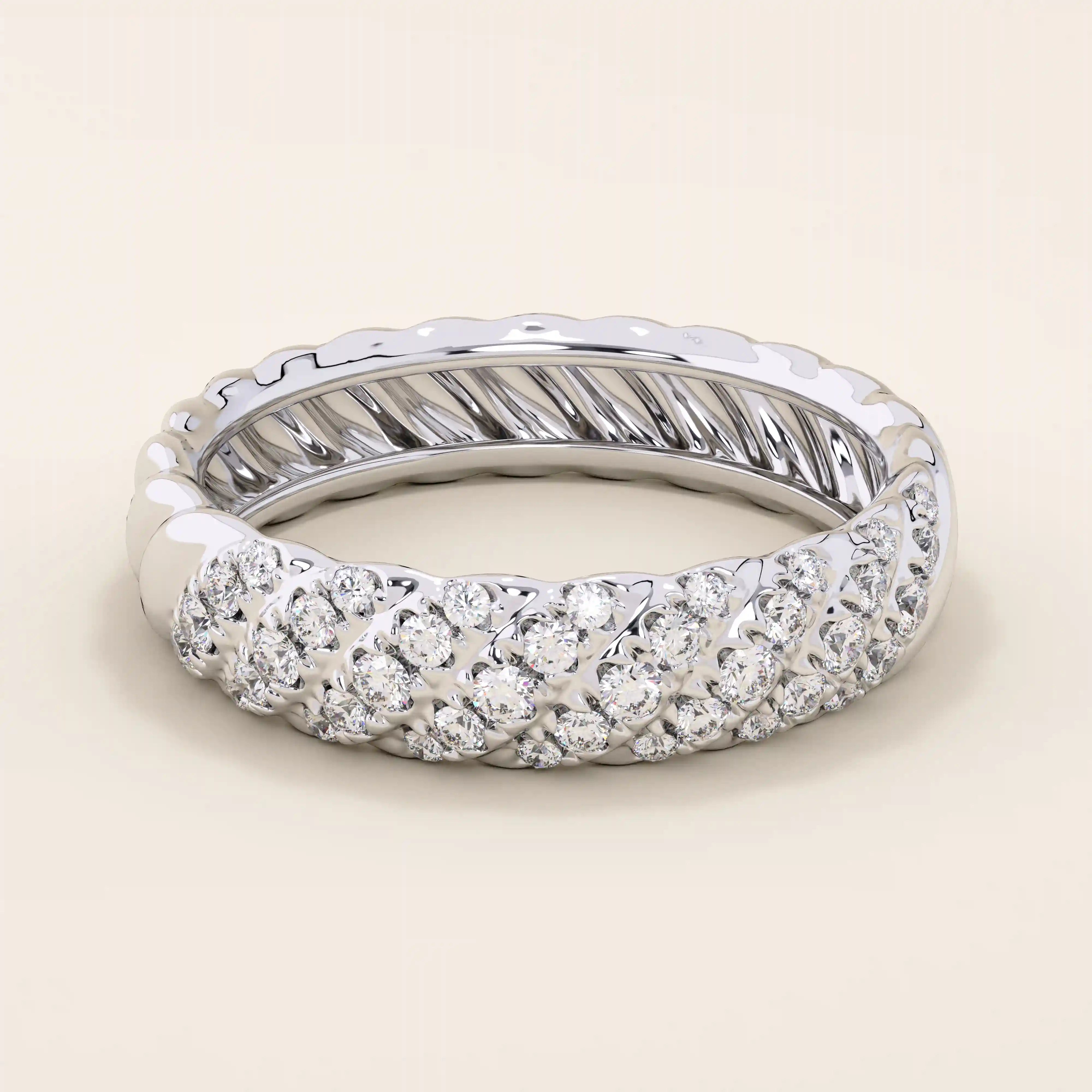 14k solid white gold dome band with rows of pavé set round brilliant cut moissanite stones, elegant and timeless wedding or anniversary ring
