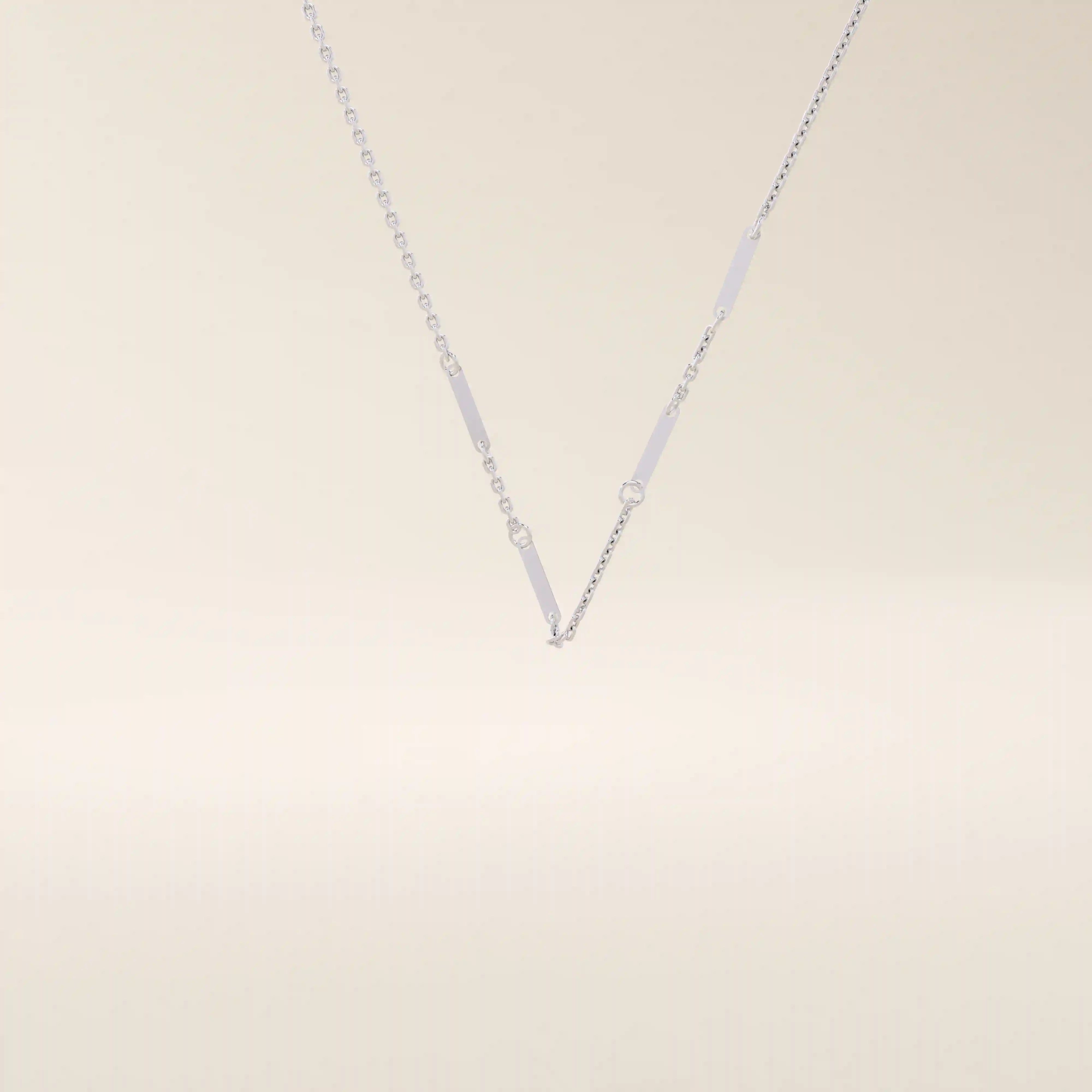 14k solid white gold flat bar chain necklace with high-polish rectangular bar accents linked at regular intervals, offering a clean, minimalist aesthetic.
