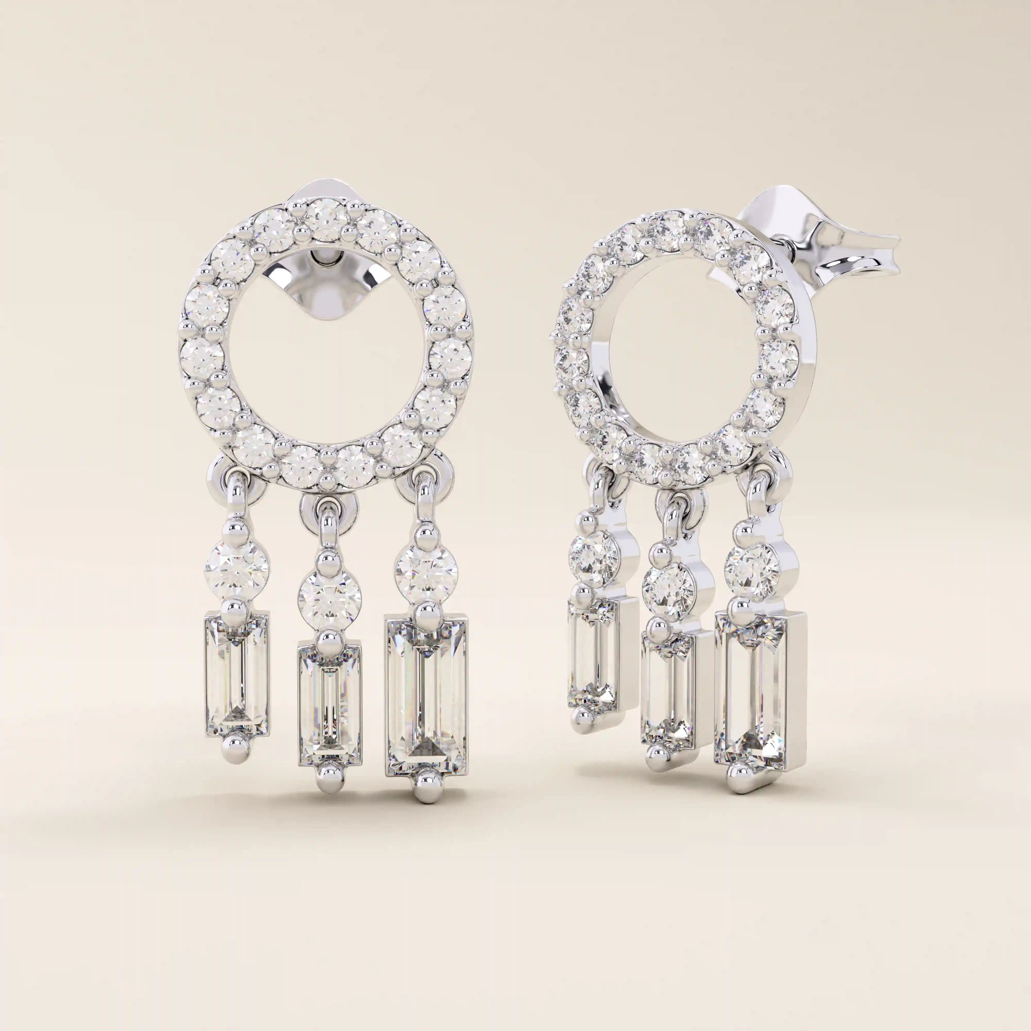 14k solid white gold pavé circle stud earrings with triple dangling moissanite accents in round and baguette cuts.
