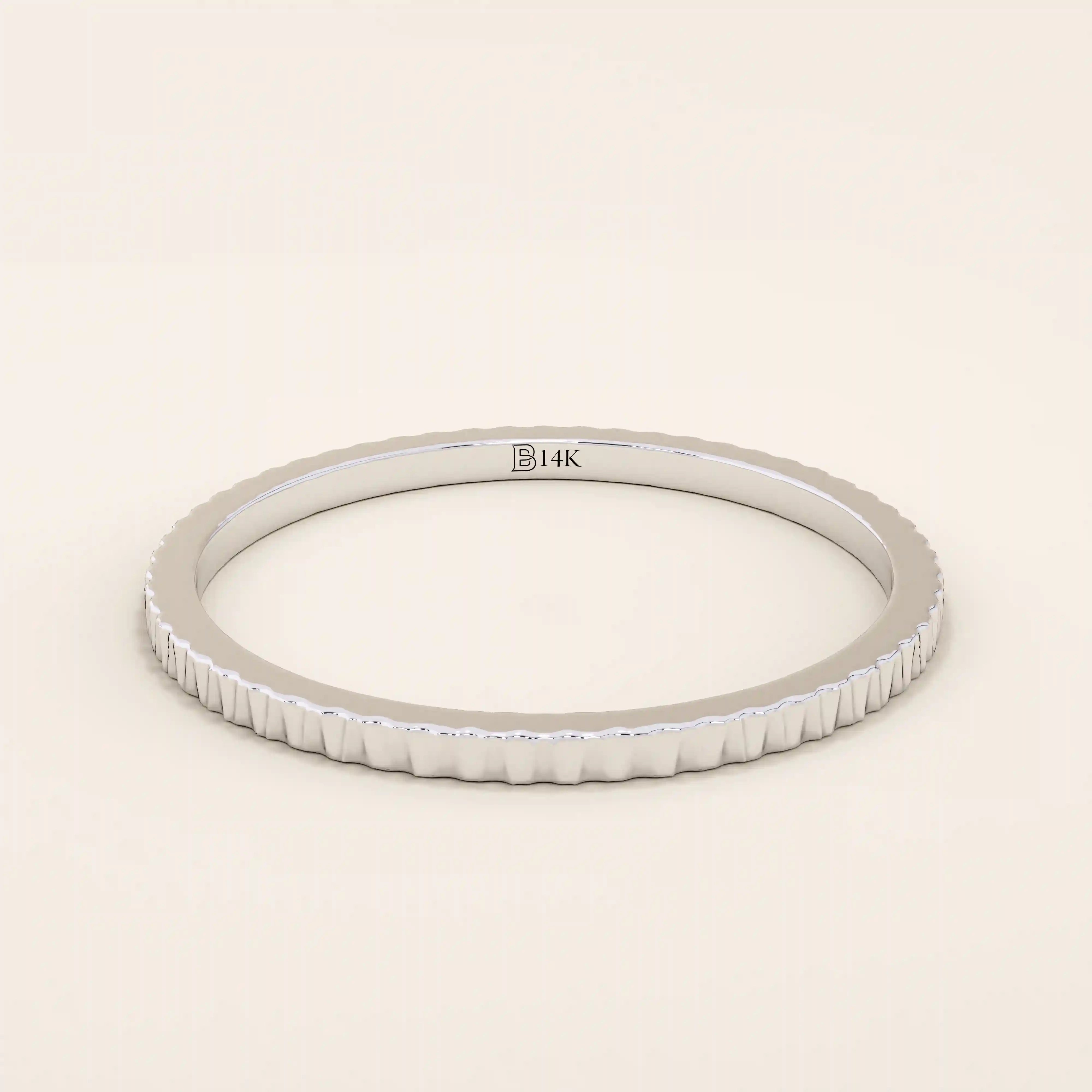 14k solid white gold thin stacking ring featuring a faceted textured design, elegant and versatile jewelry for daily wear or stacking
