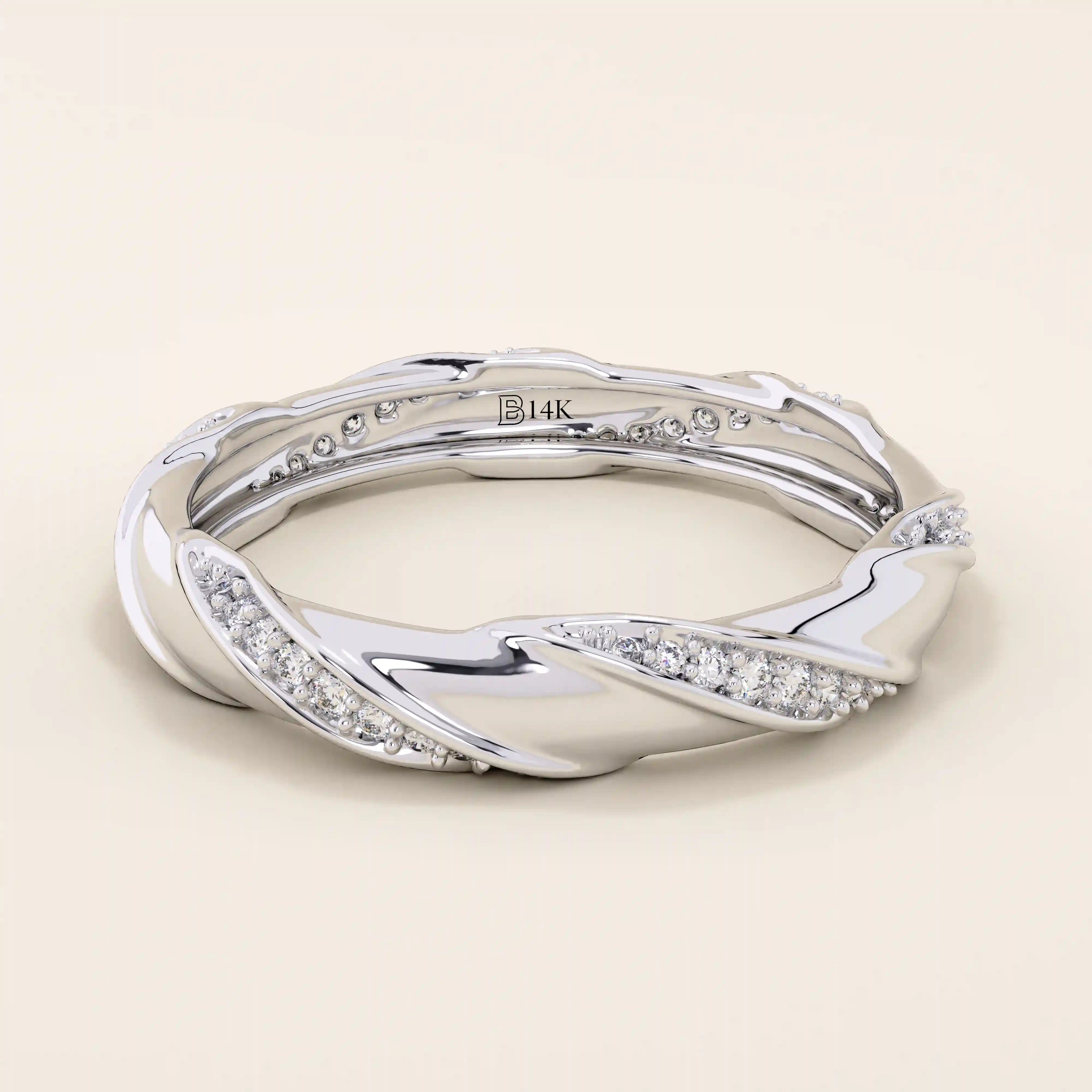 14k solid white gold twisted eternity wedding band, adorned with rows of round brilliant-cut moissanites in a continuous setting
